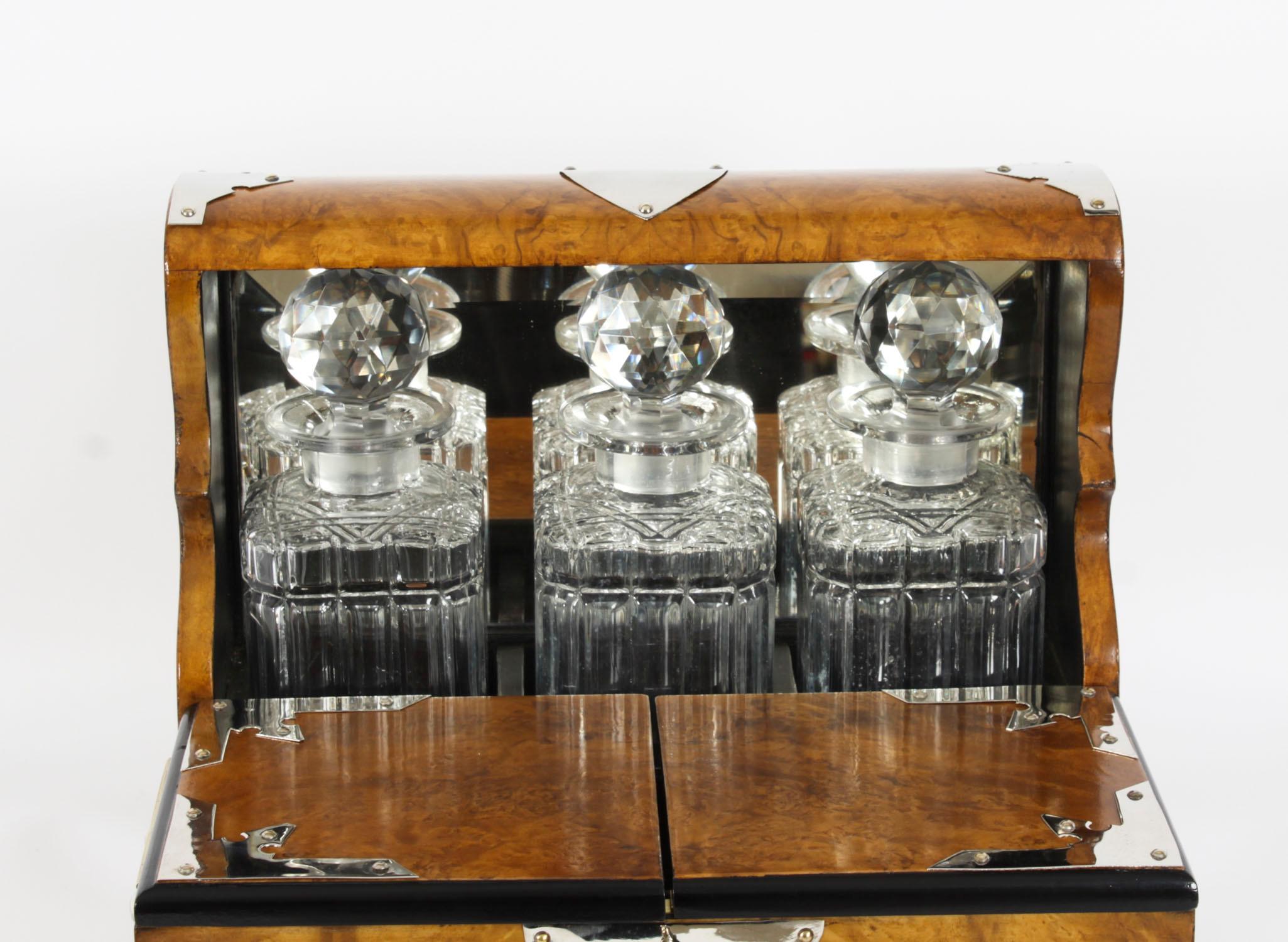 Late 19th Century Antique Victorian Burr Walnut 3 Crystal Decanter Tantalus Dry Bar 19th Century