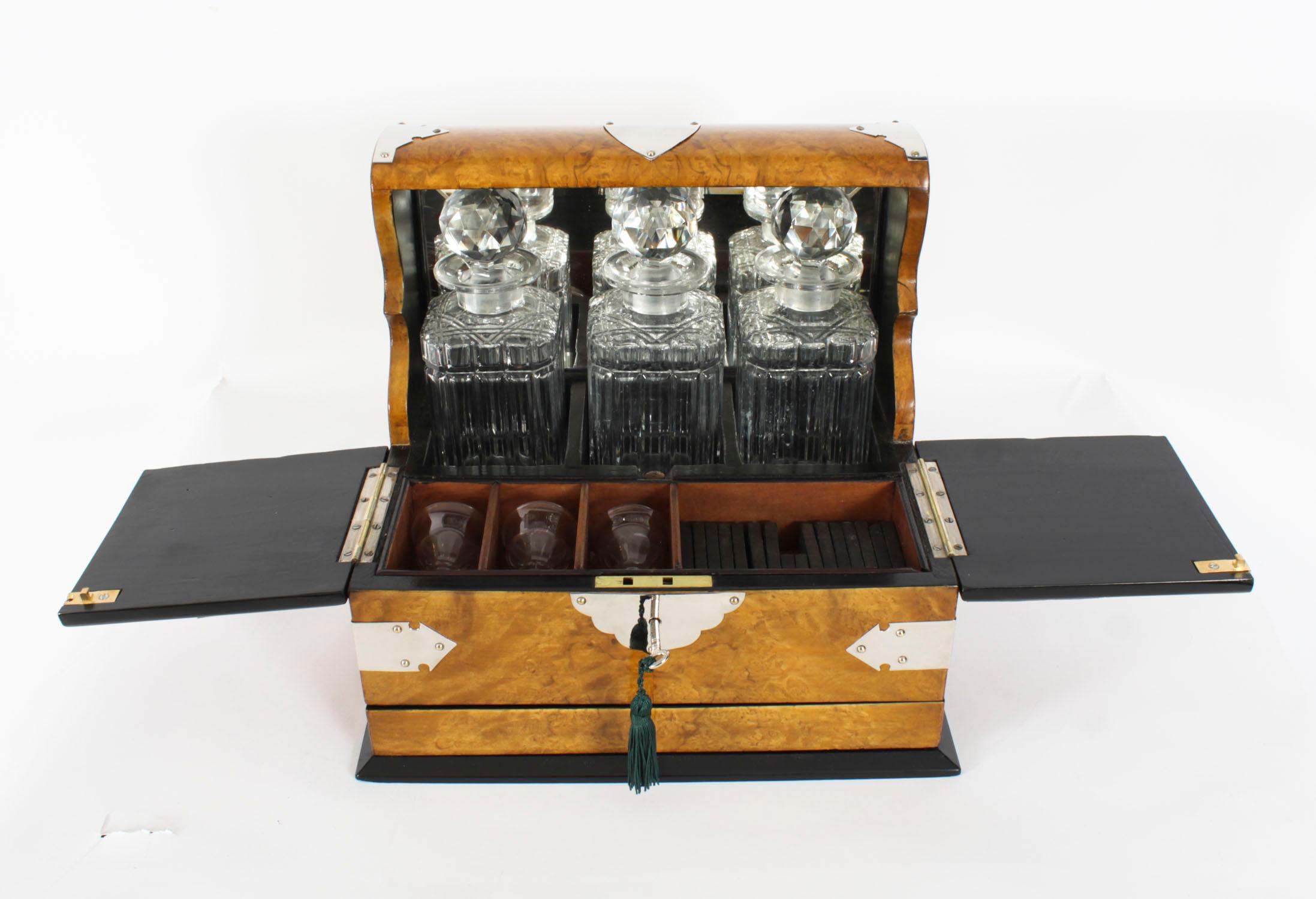 Antique Victorian Burr Walnut 3 Crystal Decanter Tantalus Dry Bar 19th Century 2