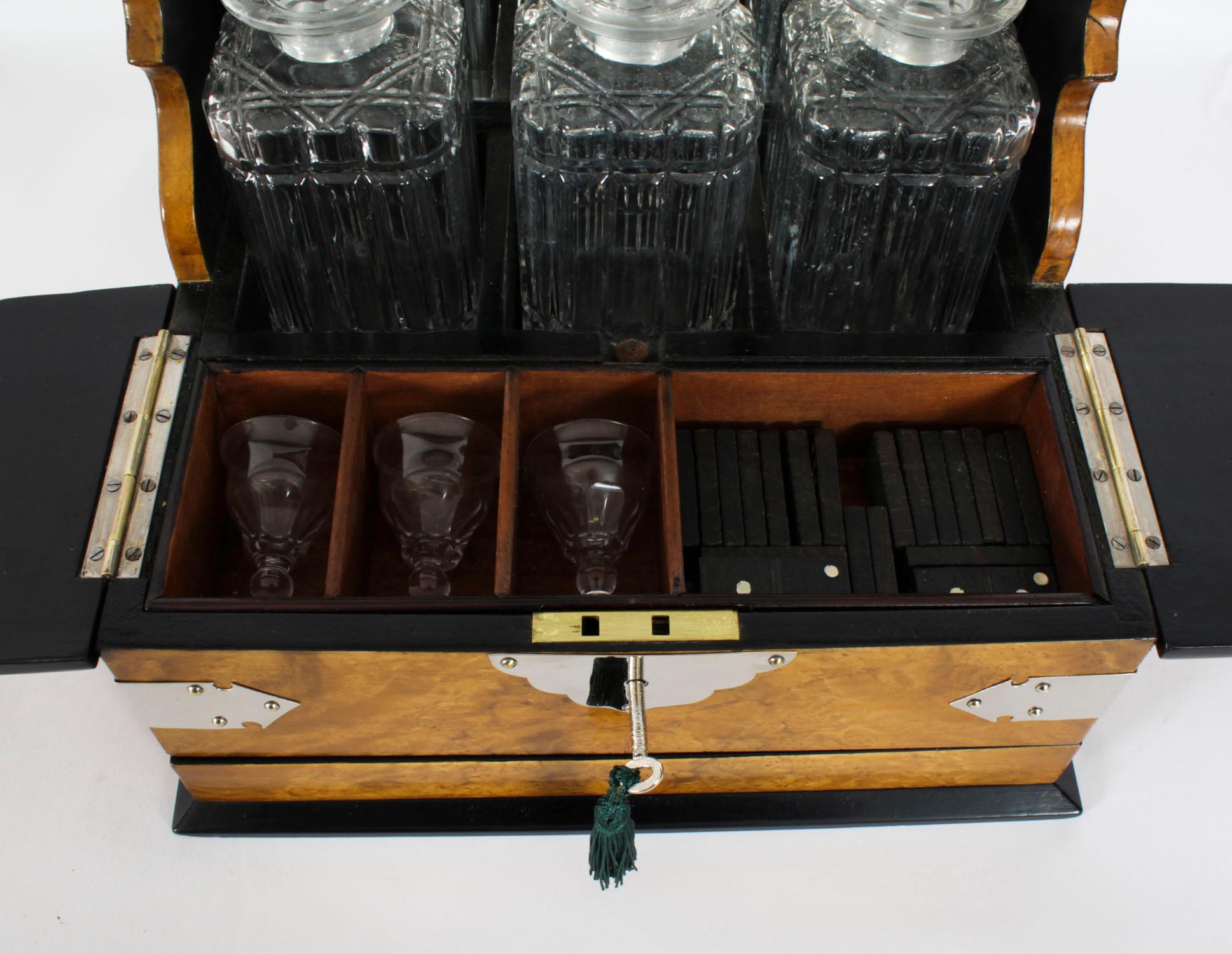 Antique Victorian Burr Walnut 3 Crystal Decanter Tantalus Dry Bar 19th Century 3