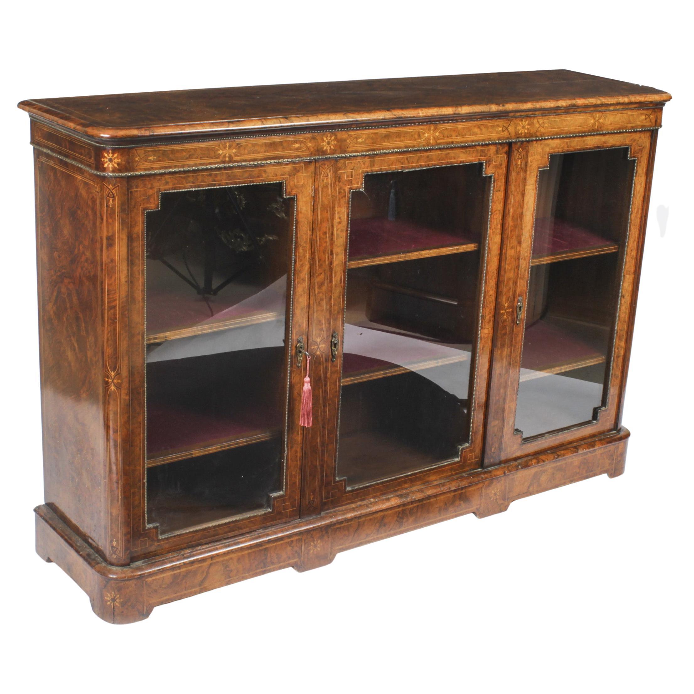 Antique Victorian Burr Walnut 3 Door Credenza Sideboard Bookcase 19th C
