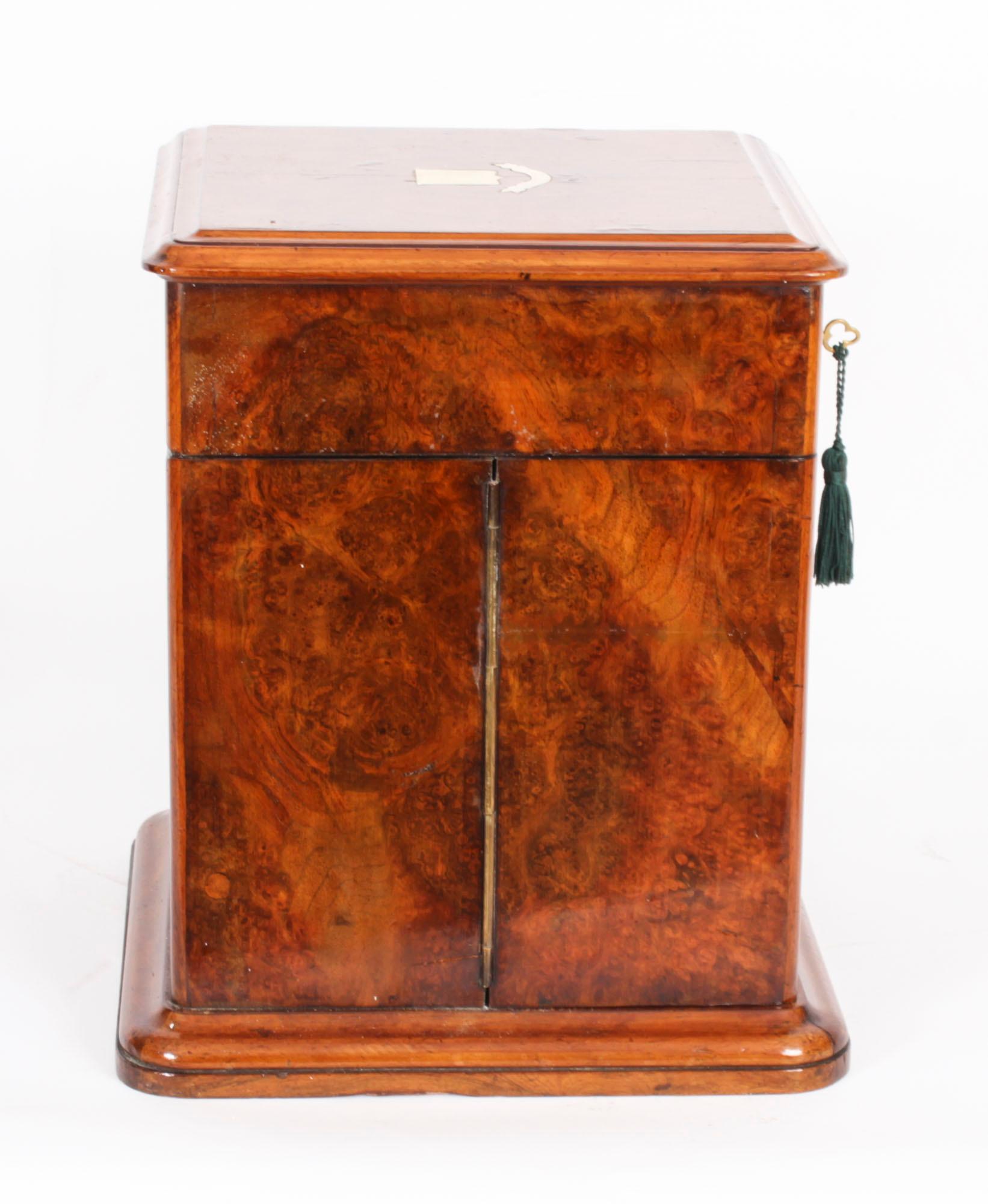 Antique Victorian Burr Walnut 4 Bottle Crystal Decanter Tantalus 19th Century 12