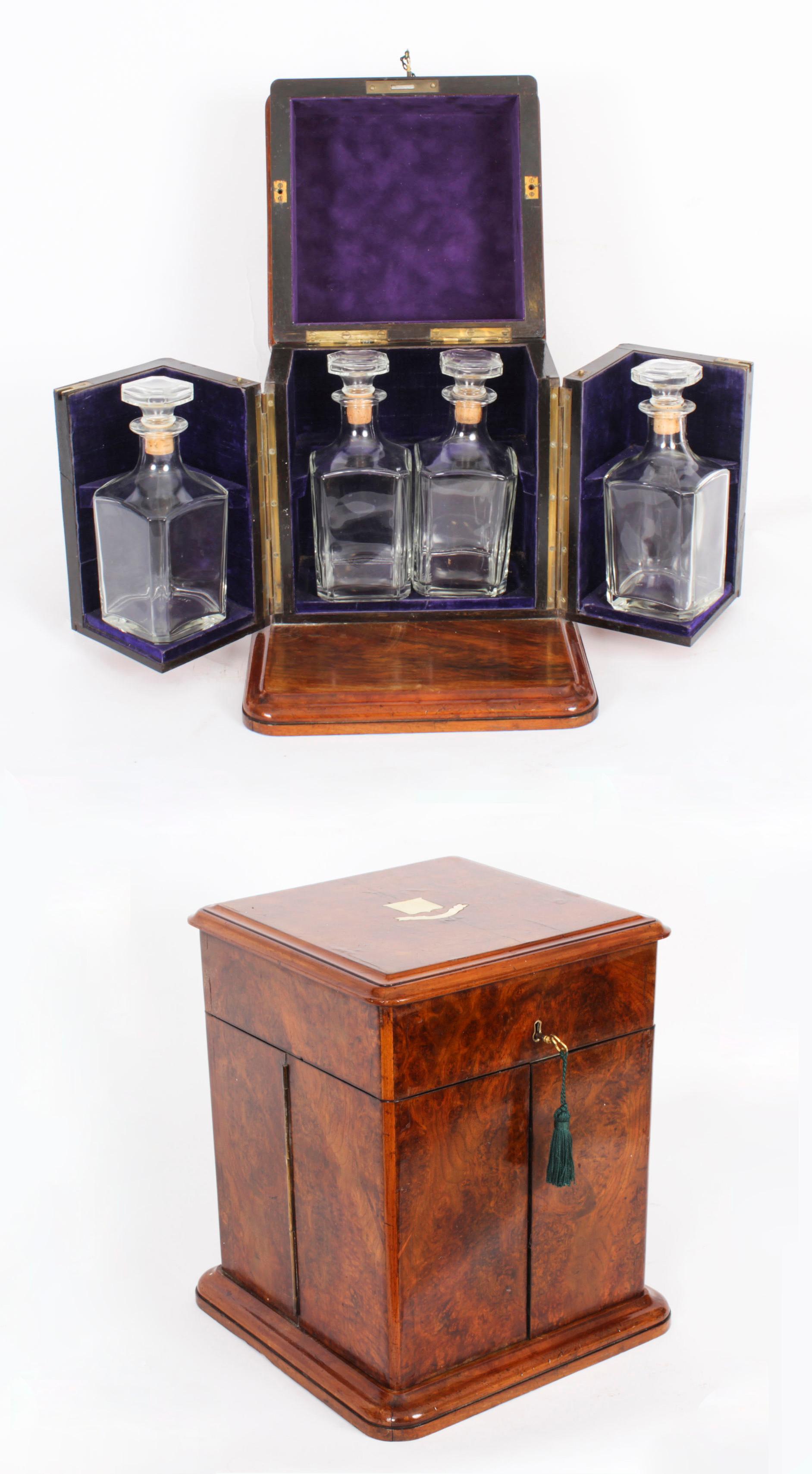 Antique Victorian Burr Walnut 4 Bottle Crystal Decanter Tantalus 19th Century 14