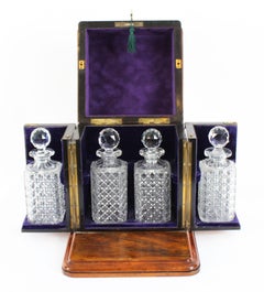 Antique Victorian Burr Walnut 4 Bottle Crystal Decanter Tantalus 19th Century