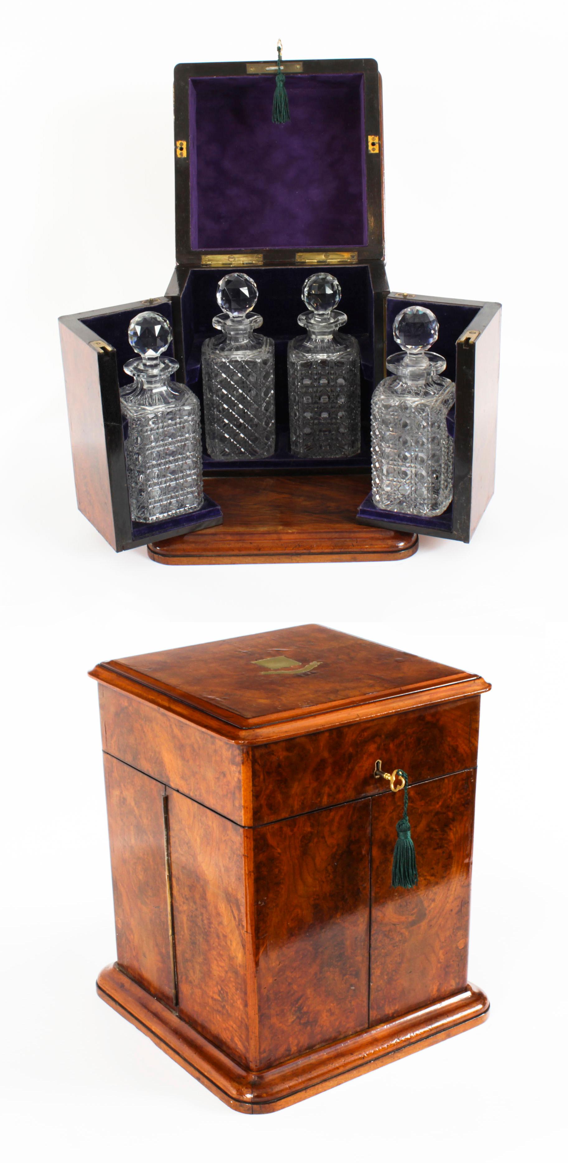 Antique Victorian Burr Walnut 4 Bottle Crystal Decanter Tantalus 19th Century 15