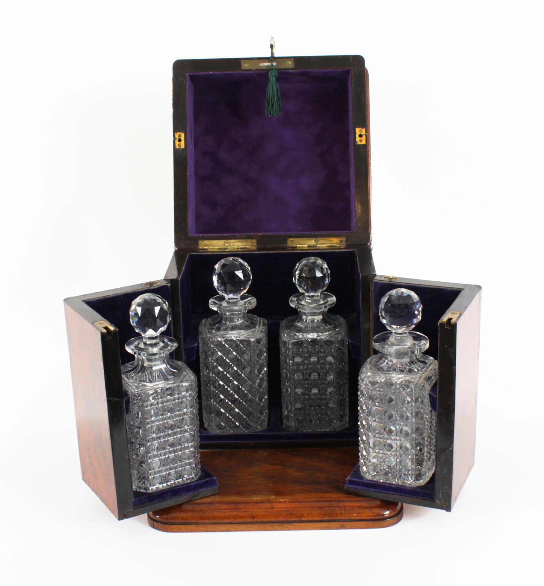 English Antique Victorian Burr Walnut 4 Bottle Crystal Decanter Tantalus 19th Century