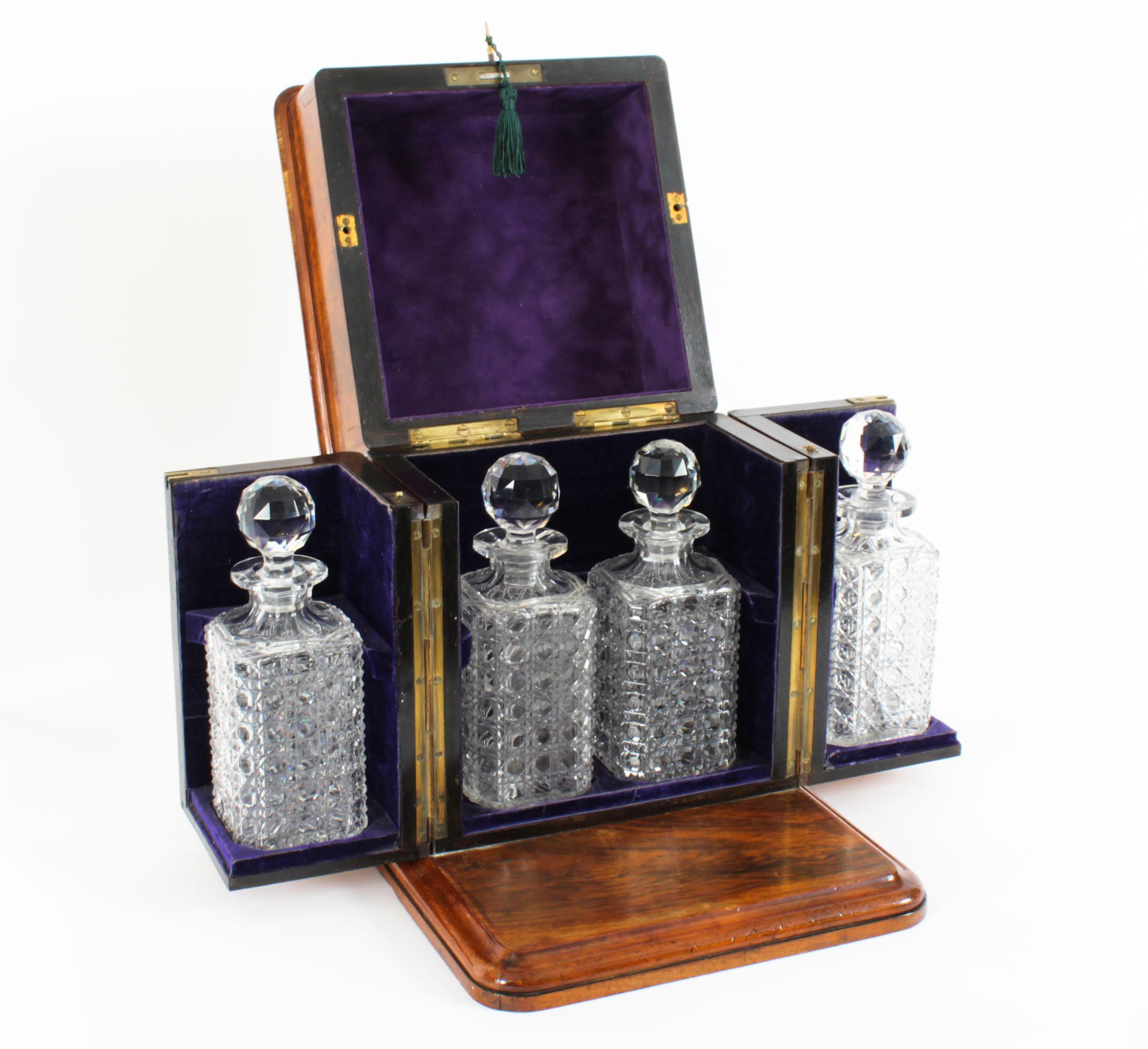 Antique Victorian Burr Walnut 4 Bottle Crystal Decanter Tantalus 19th Century In Good Condition In London, GB