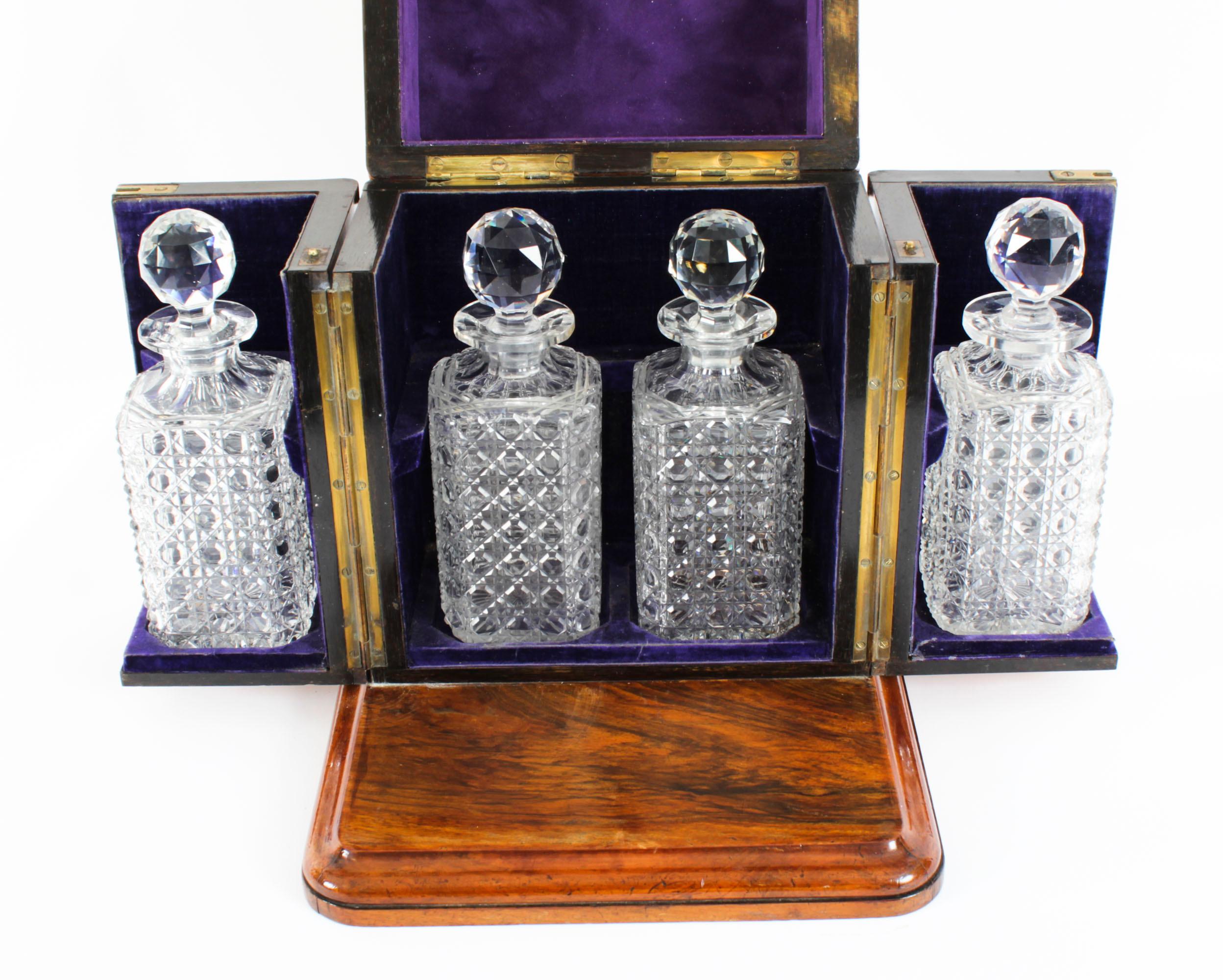 Late 19th Century Antique Victorian Burr Walnut 4 Bottle Crystal Decanter Tantalus 19th Century