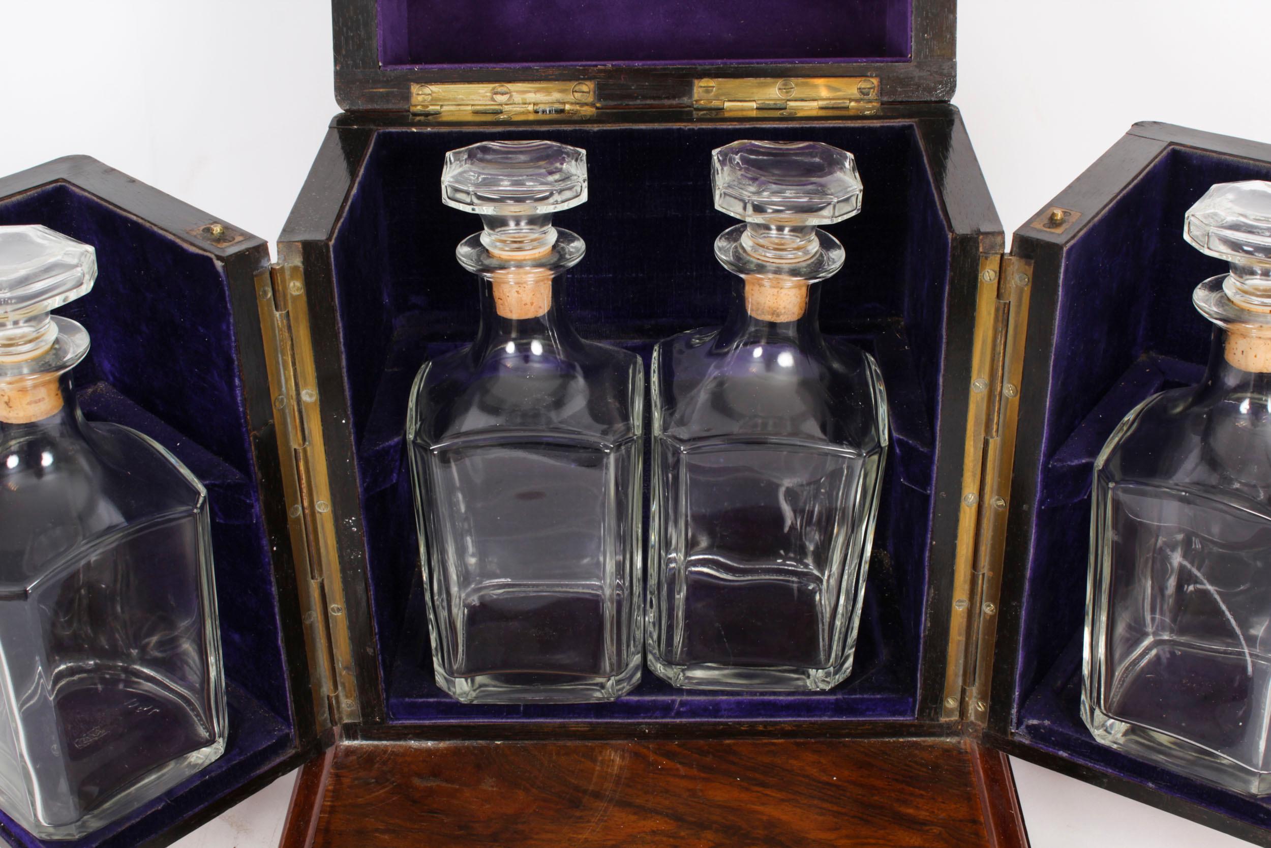 Antique Victorian Burr Walnut 4 Bottle Crystal Decanter Tantalus 19th Century 1