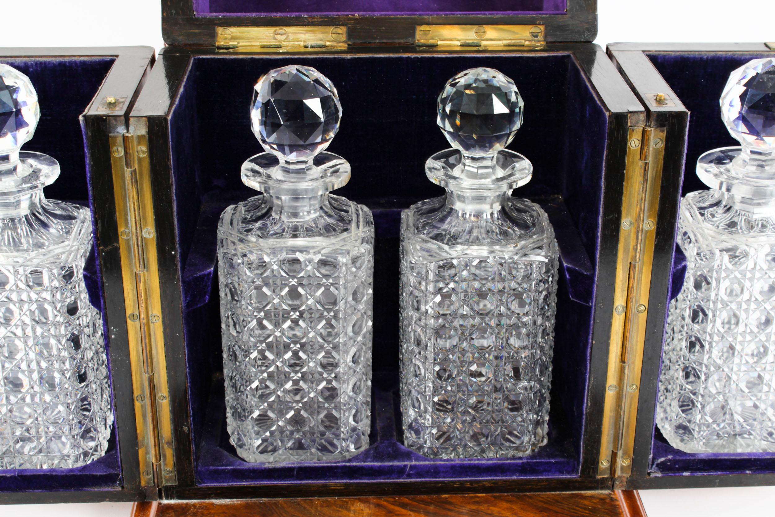 Antique Victorian Burr Walnut 4 Bottle Crystal Decanter Tantalus 19th Century 1