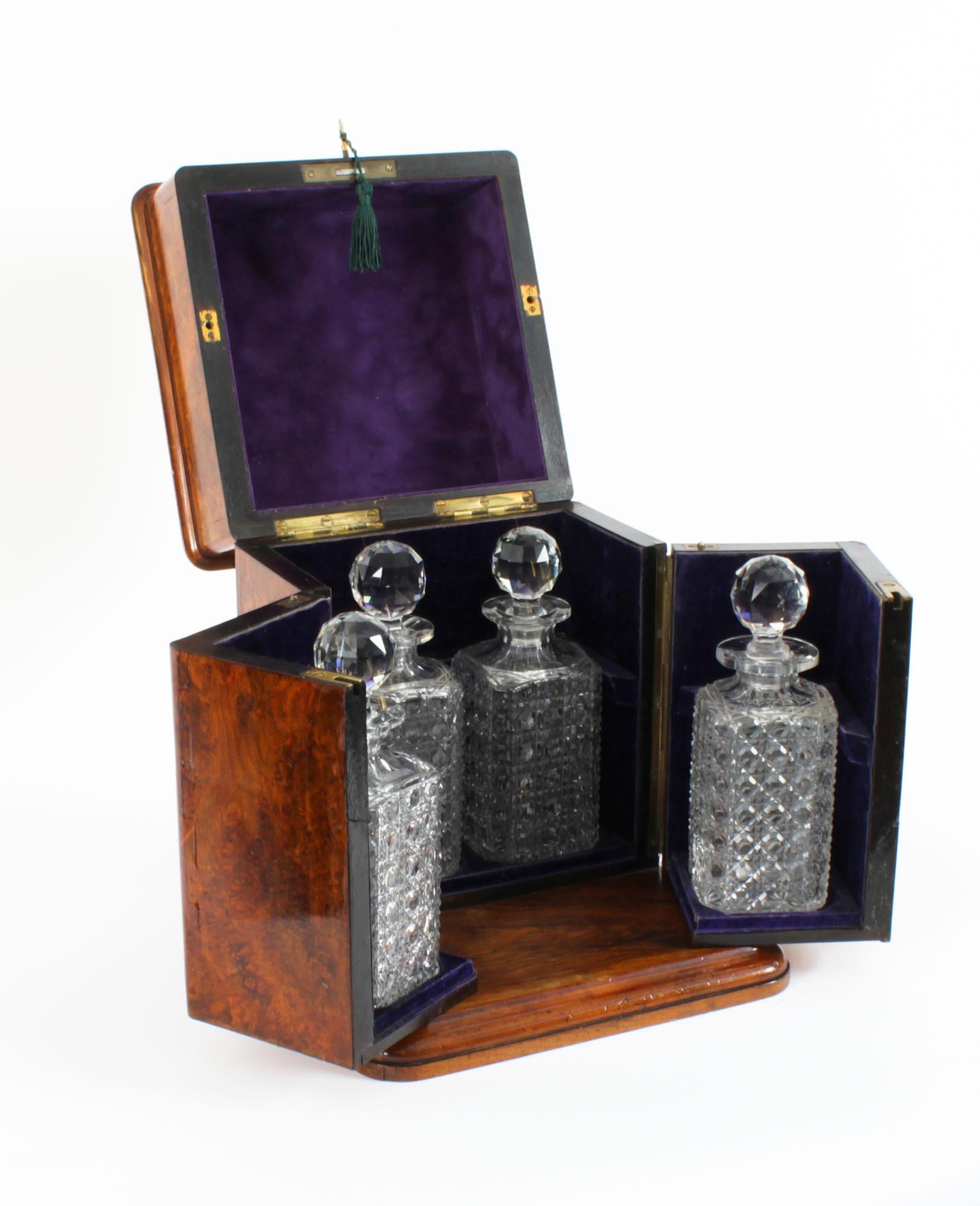 Antique Victorian Burr Walnut 4 Bottle Crystal Decanter Tantalus 19th Century 2