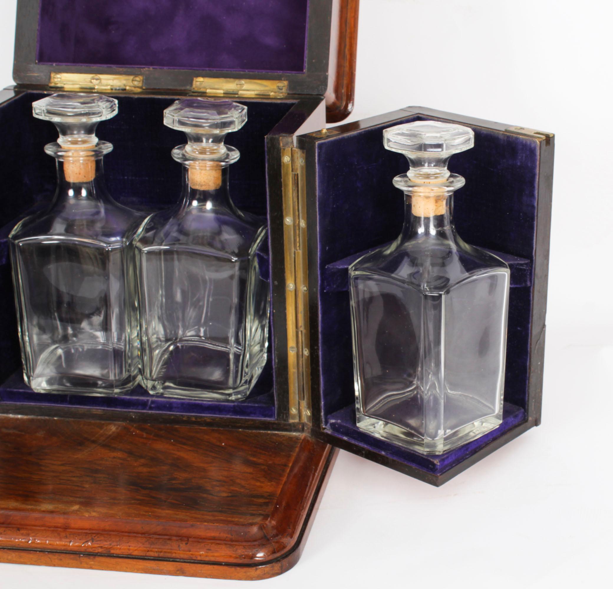 Antique Victorian Burr Walnut 4 Bottle Crystal Decanter Tantalus 19th Century 4