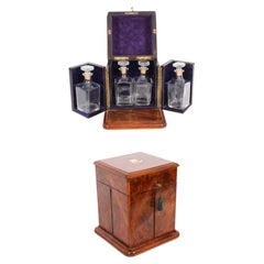 Antique Victorian Burr Walnut 4 Bottle Crystal Decanter Tantalus 19th Century