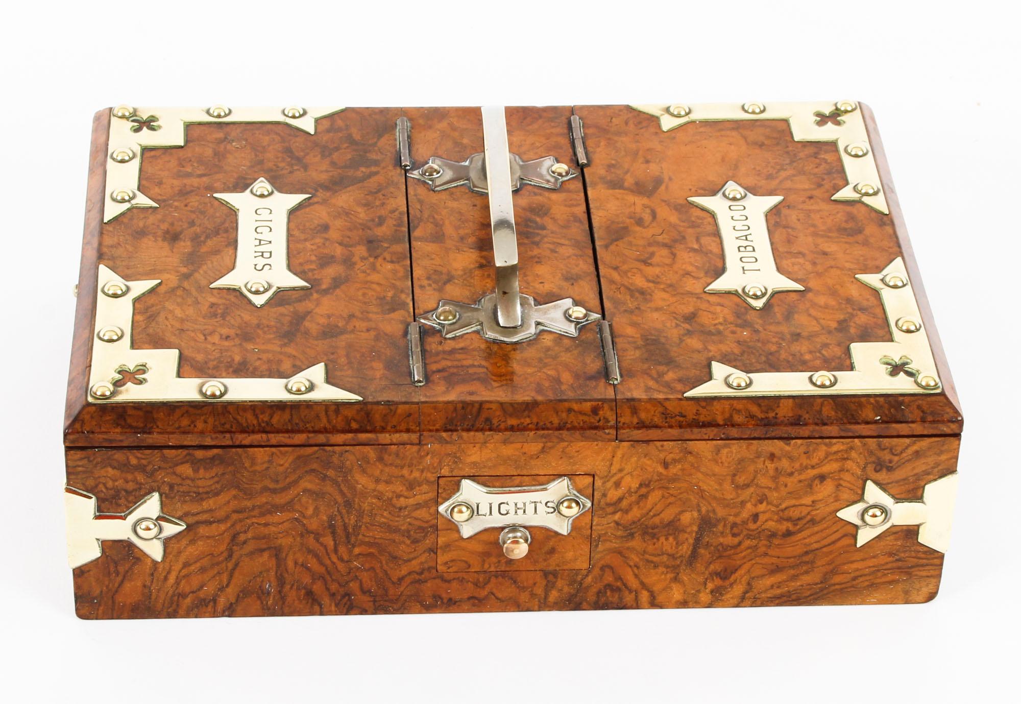 Antique Victorian Burr-Walnut and Brass Mounted Cigar Box, 19th Century In Good Condition In London, GB