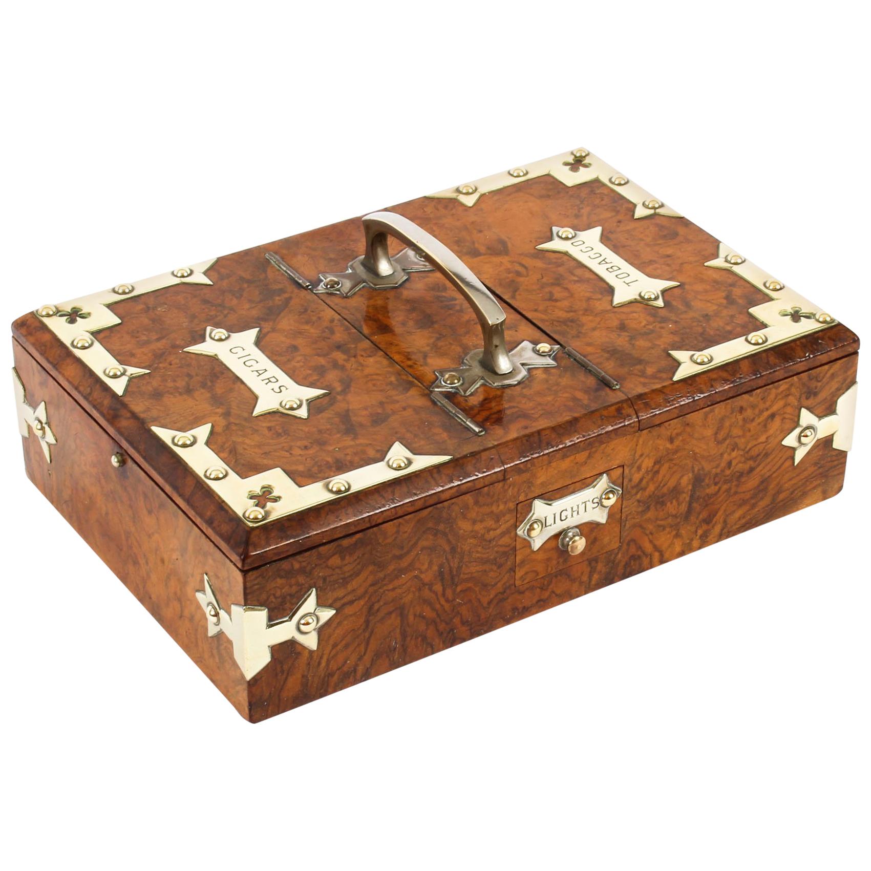 Antique Victorian Burr-Walnut and Brass Mounted Cigar Box, 19th Century