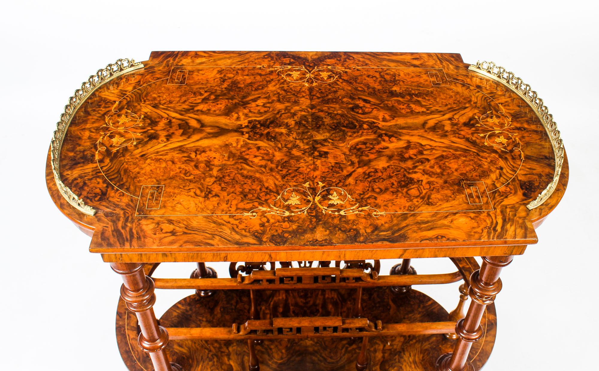 Marquetry Antique Victorian Burr Walnut and Inlaid Canterbury, 19th Century