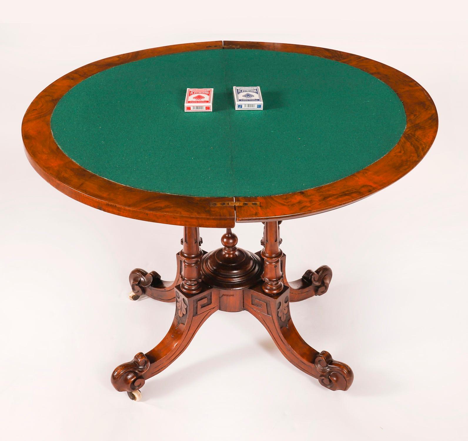 English Antique Victorian Burr Walnut and Inlaid Card Table C.1860 19th Century For Sale