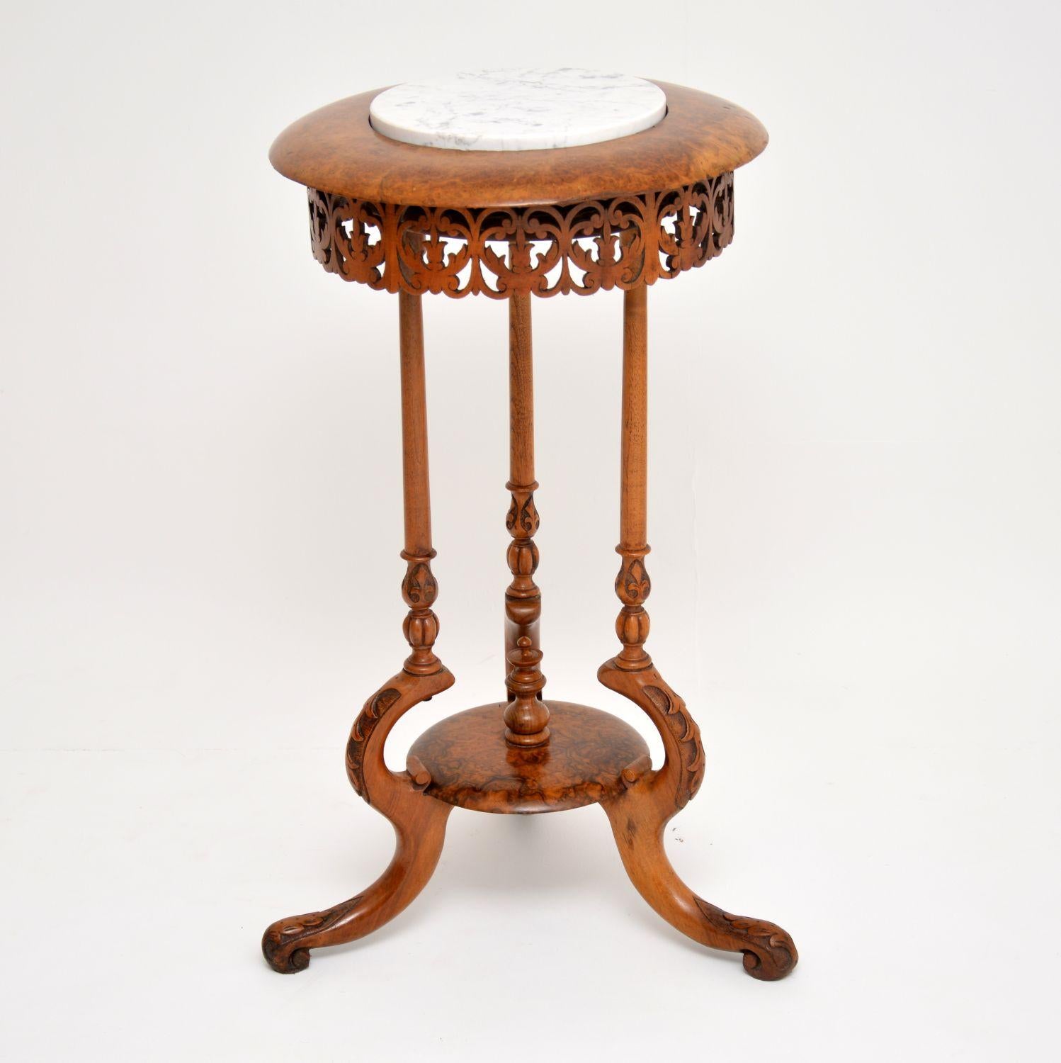 English Antique Victorian Burr Walnut and Marble Side Table