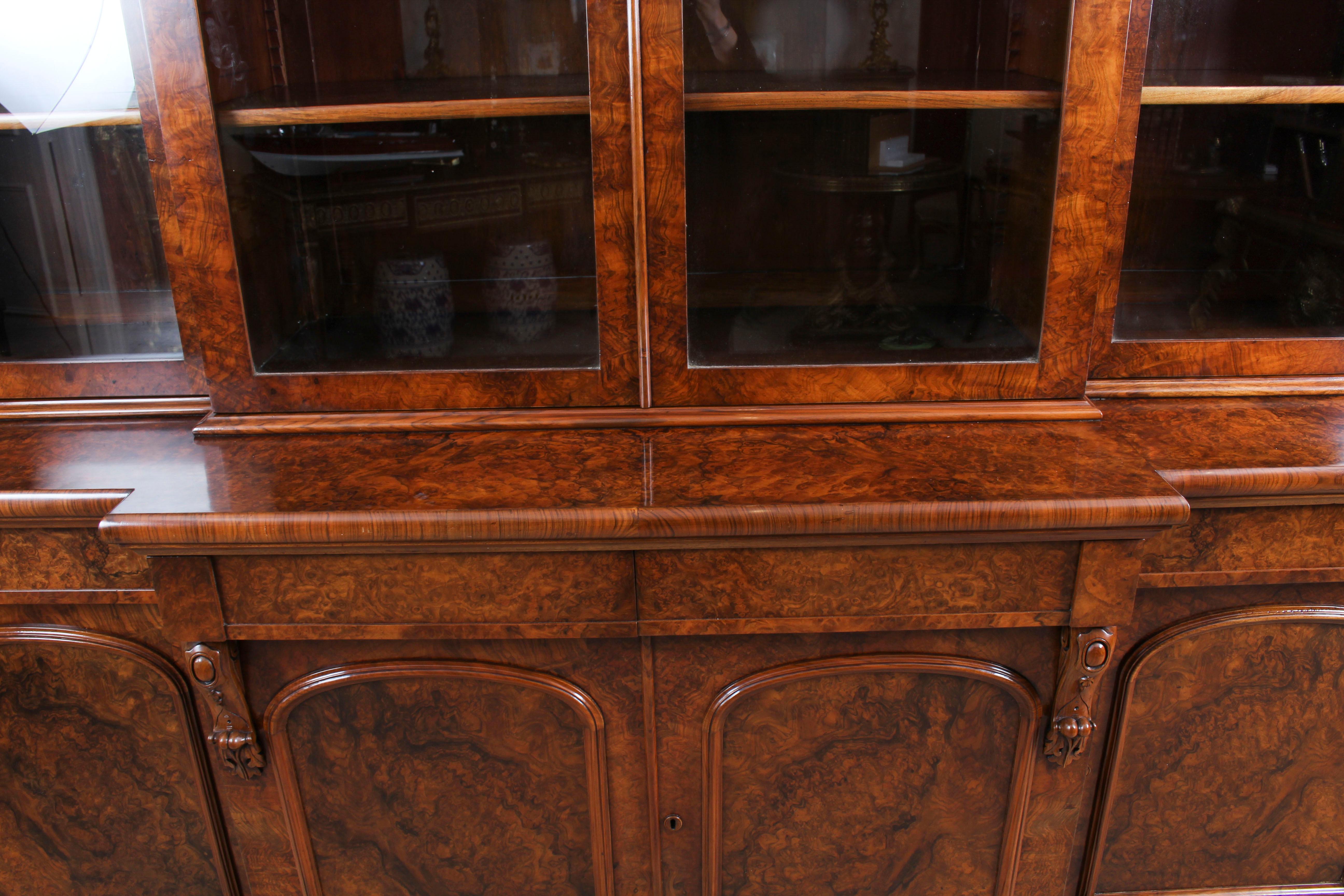 Antique Victorian Burr Walnut Breakfront Bookcase 19th Century 2
