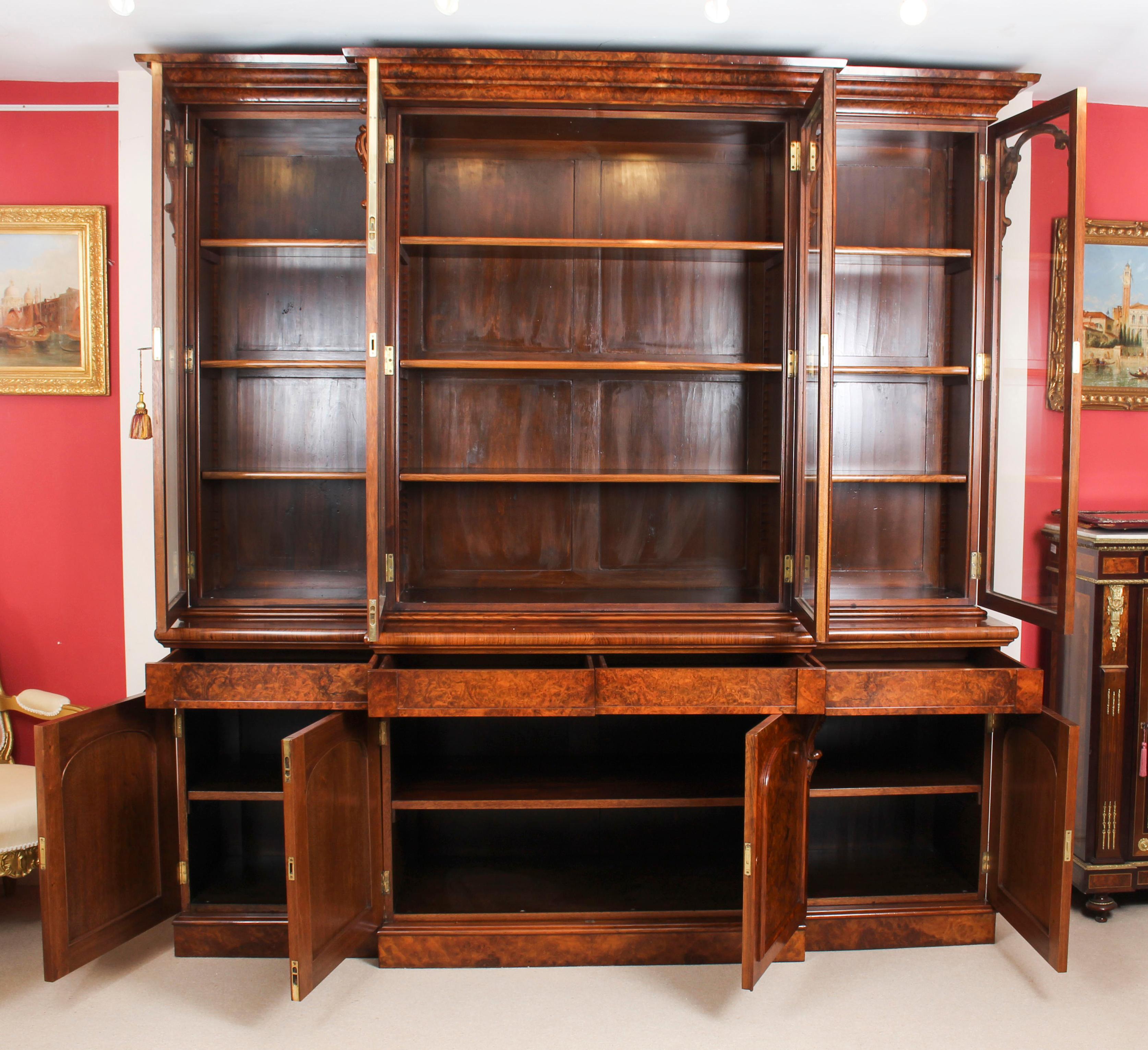 Antique Victorian Burr Walnut Breakfront Bookcase 19th Century 3