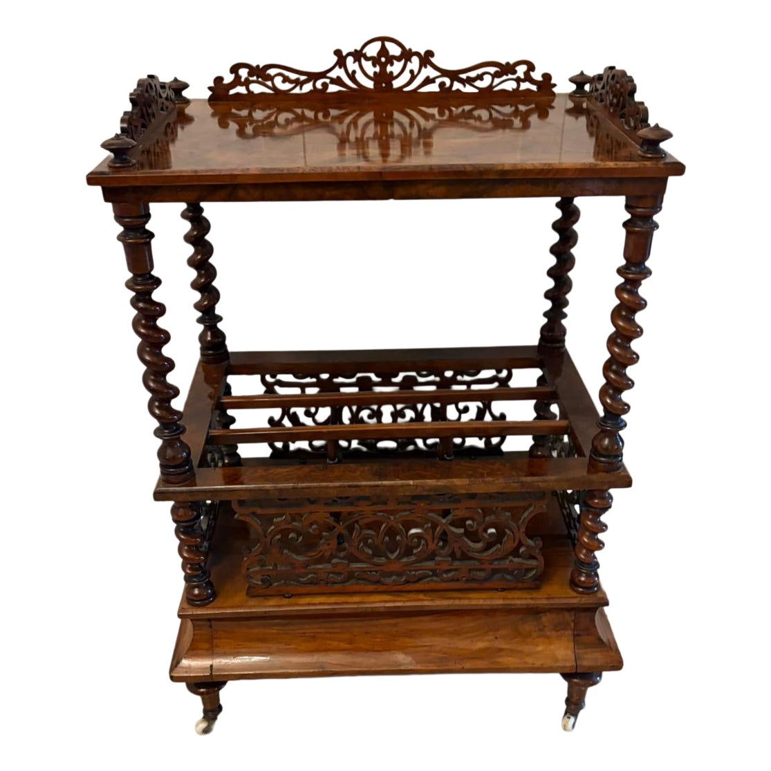 Antique Victorian Burr Walnut Canterbury Magazine Rack / Occasional Table