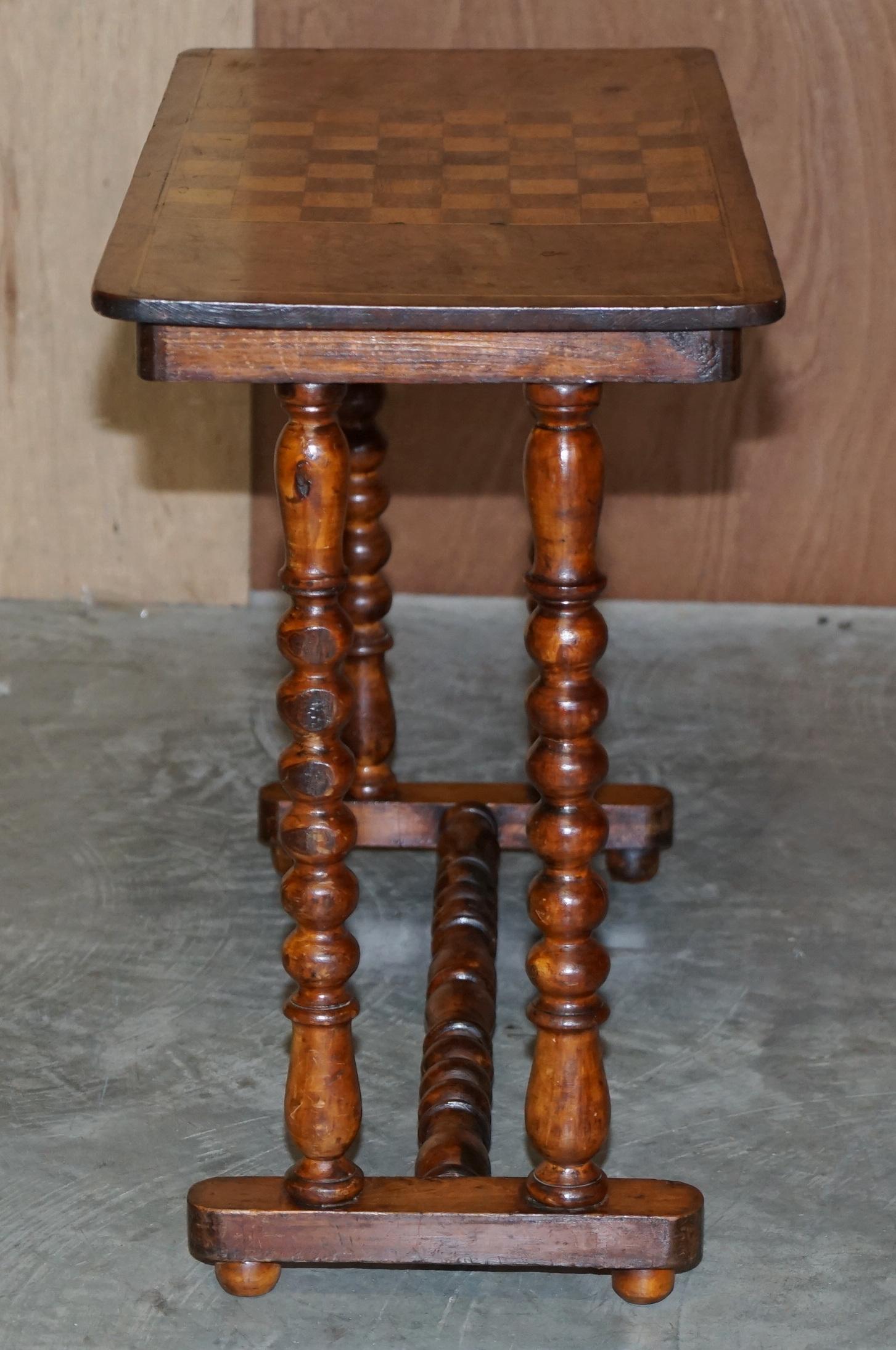 Antique Victorian Burr Walnut Chess Games Occasional Table Bobbin Turned Base 3