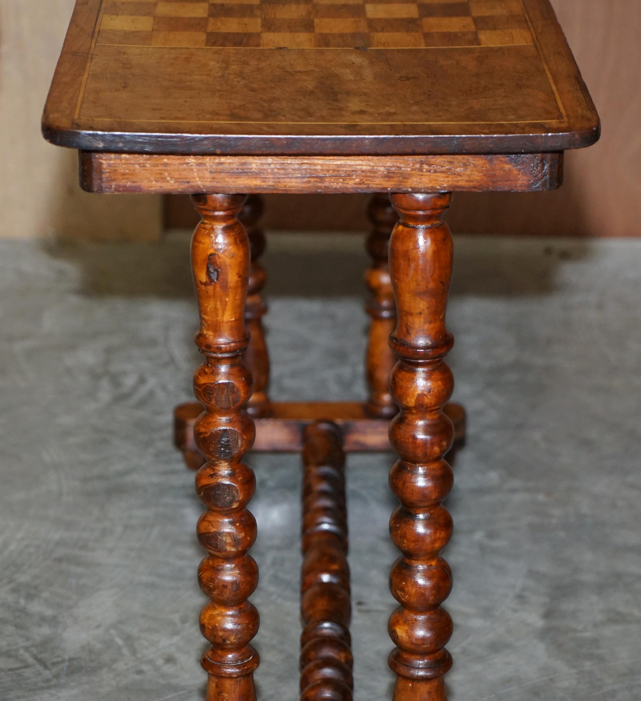Antique Victorian Burr Walnut Chess Games Occasional Table Bobbin Turned Base 5