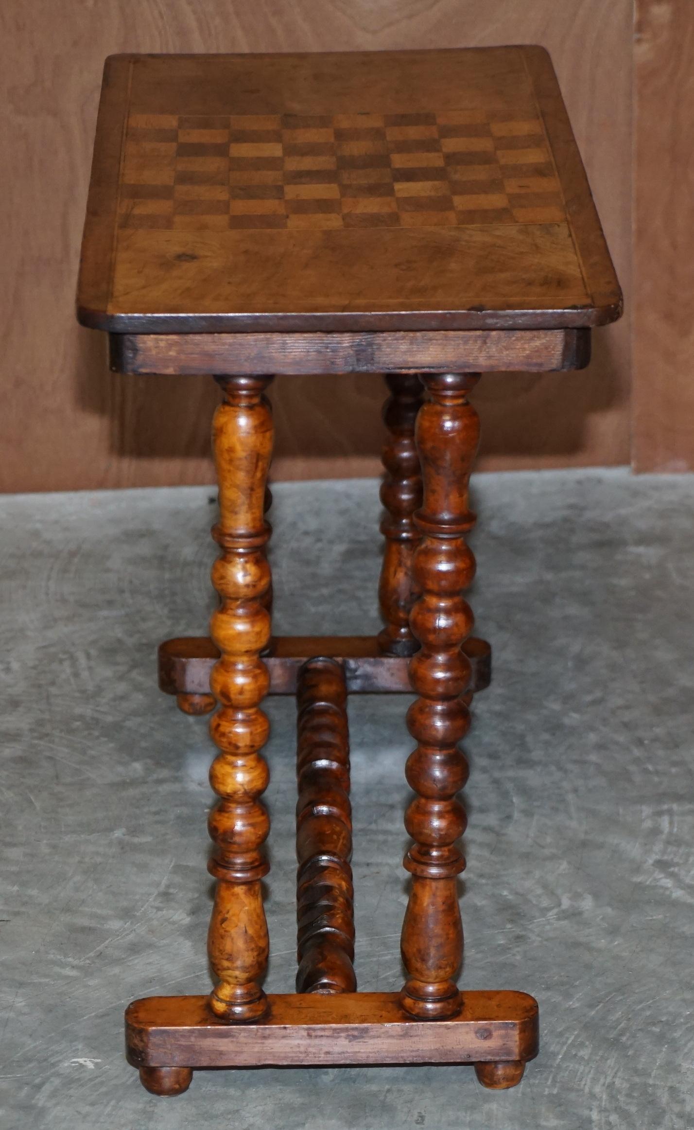 Antique Victorian Burr Walnut Chess Games Occasional Table Bobbin Turned Base 8