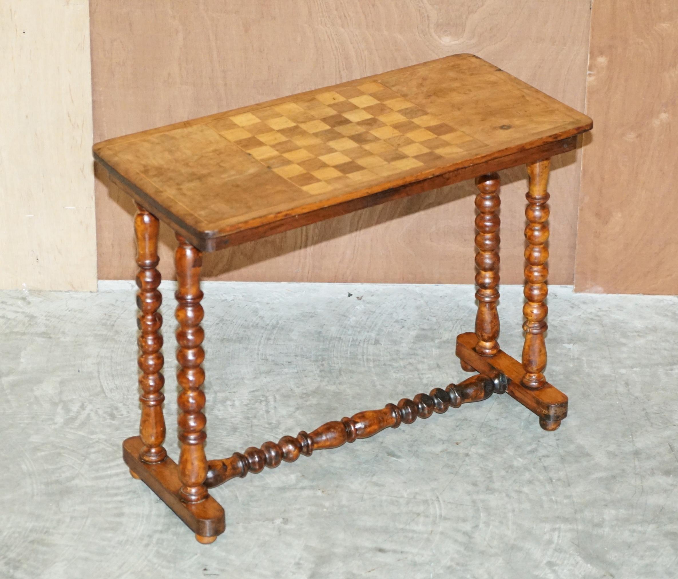 We are delighted to offer this original Victorian circa 1860-1880 burr walnut chess games table with Bobbin turned base 

A very good looking and well made table, it can be used as an occasional table or for chess as intended, the materials used