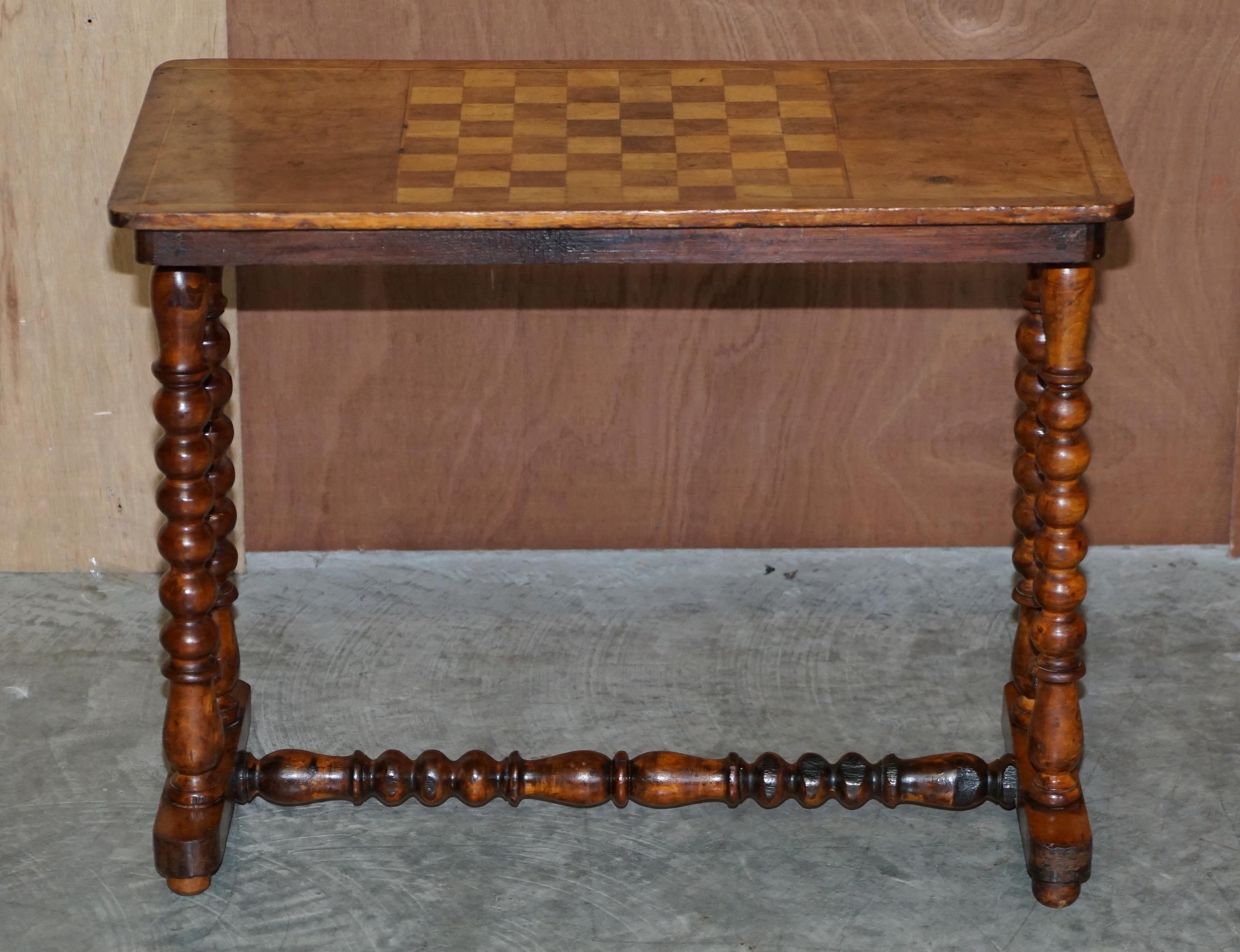 High Victorian Antique Victorian Burr Walnut Chess Games Occasional Table Bobbin Turned Base