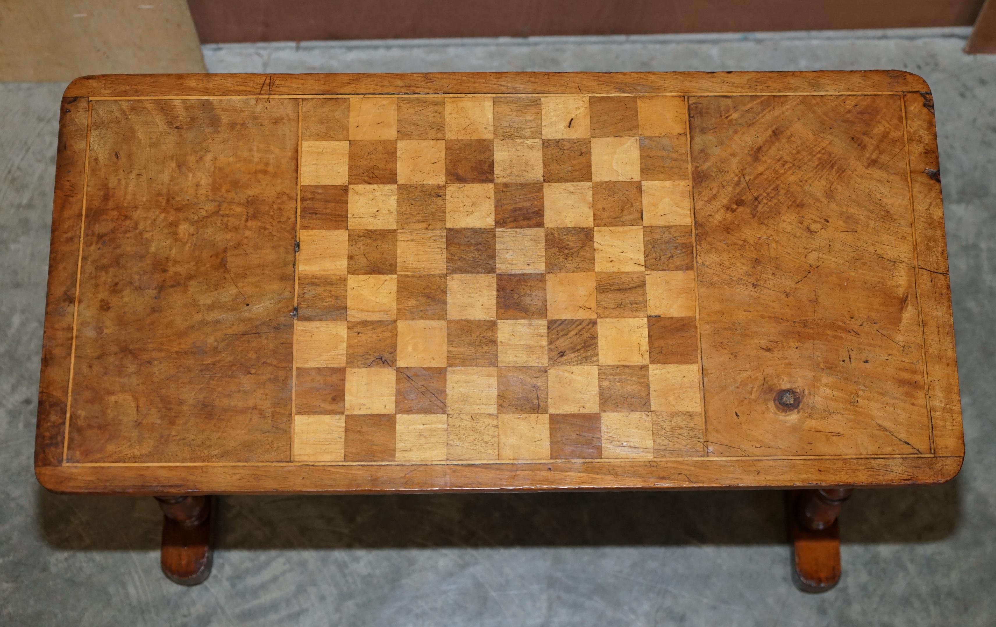 English Antique Victorian Burr Walnut Chess Games Occasional Table Bobbin Turned Base