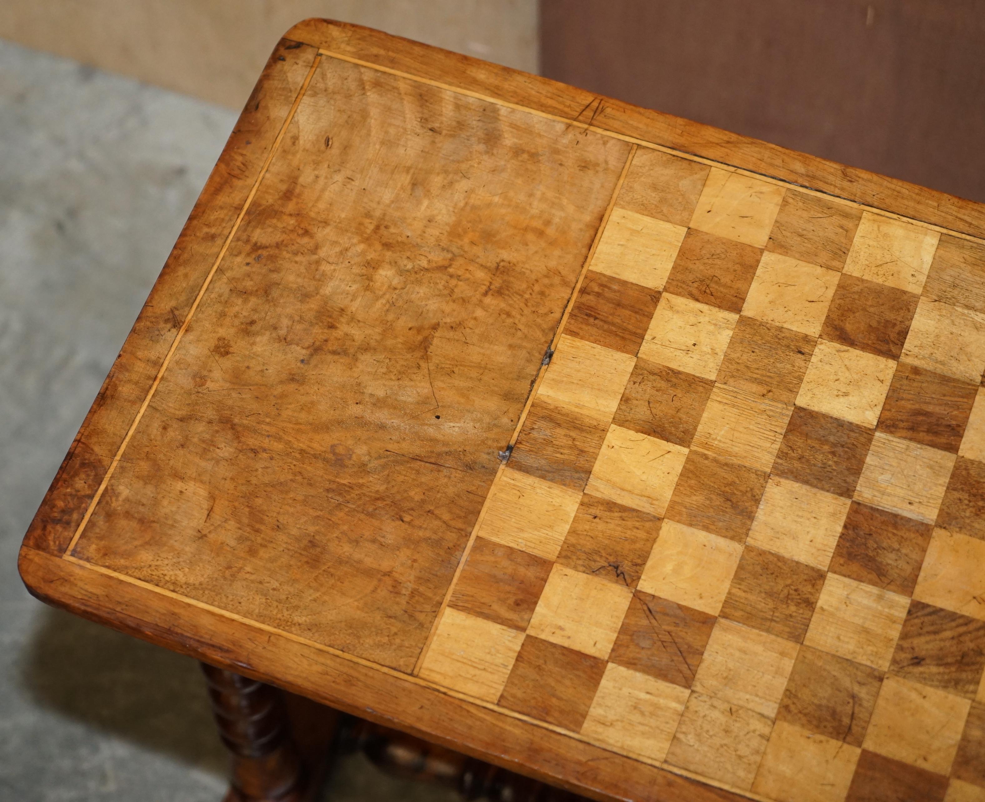 Mid-19th Century Antique Victorian Burr Walnut Chess Games Occasional Table Bobbin Turned Base