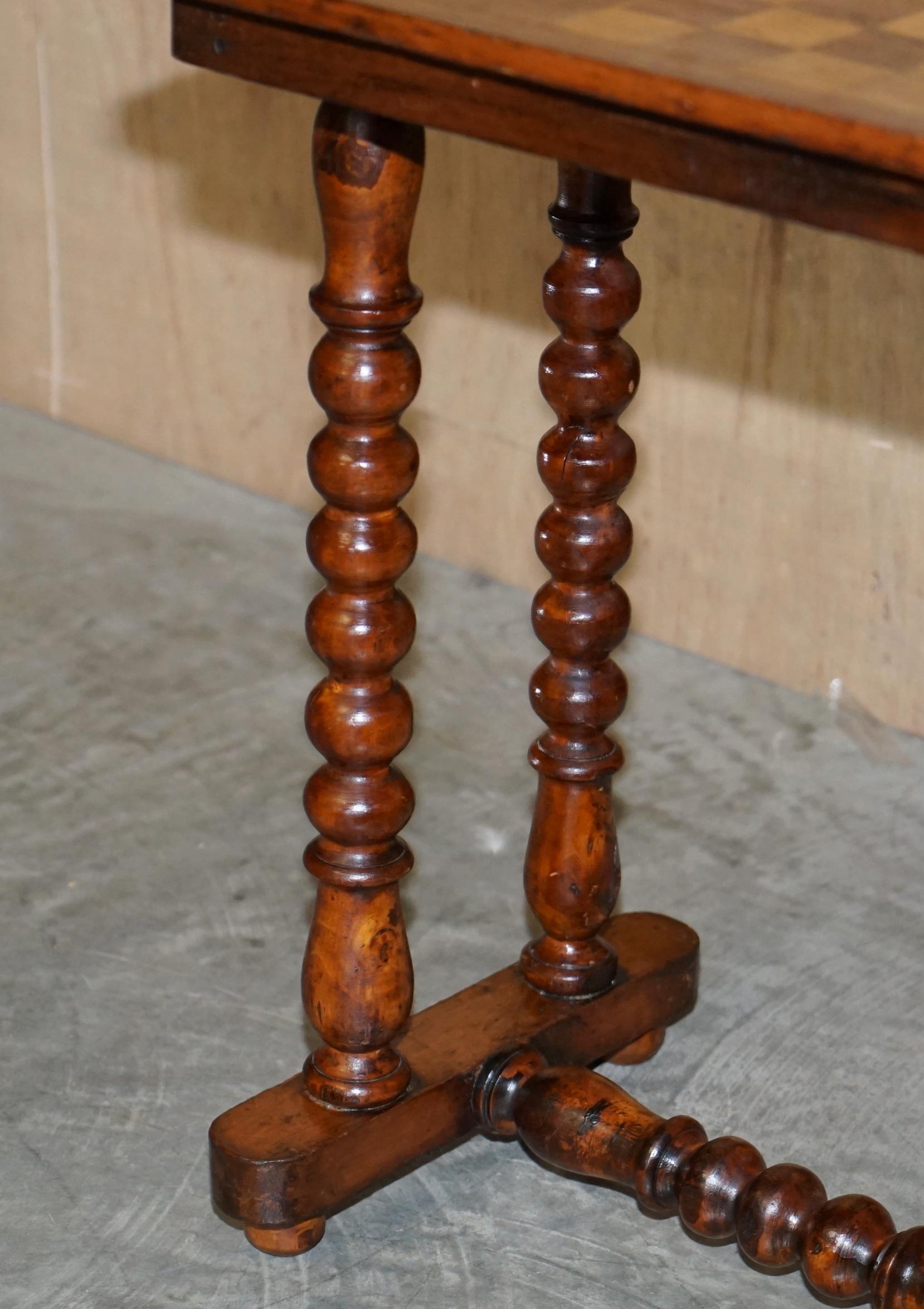 Antique Victorian Burr Walnut Chess Games Occasional Table Bobbin Turned Base 2