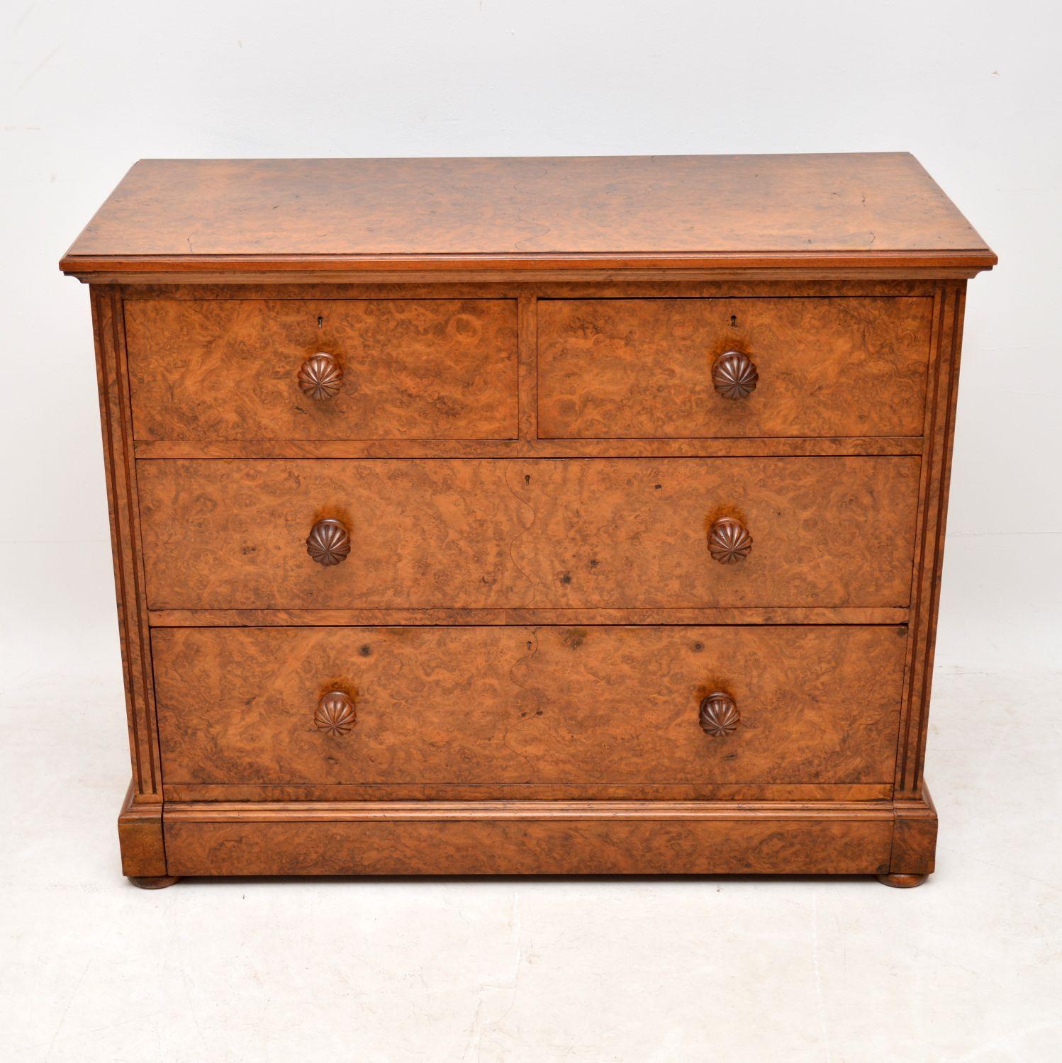 A very fine antique early Victorian burr walnut chest of drawers made James Shoolbred who was one of the finest Victorian London cabinet makers. It’s in total original excellent condition and has a wonderful color, patina and pattern to the burr