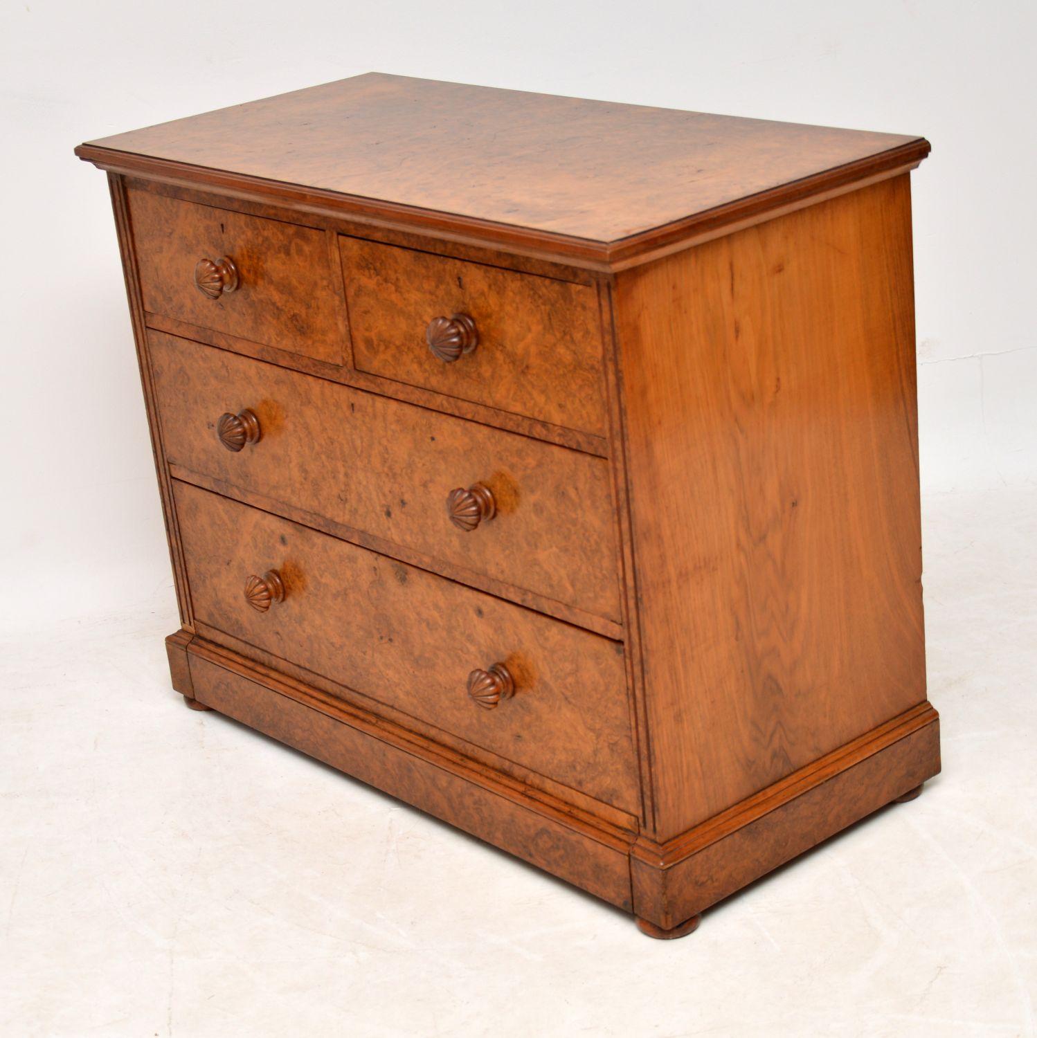 British Antique Victorian Burr Walnut Chest of Drawers by James Shoolbred