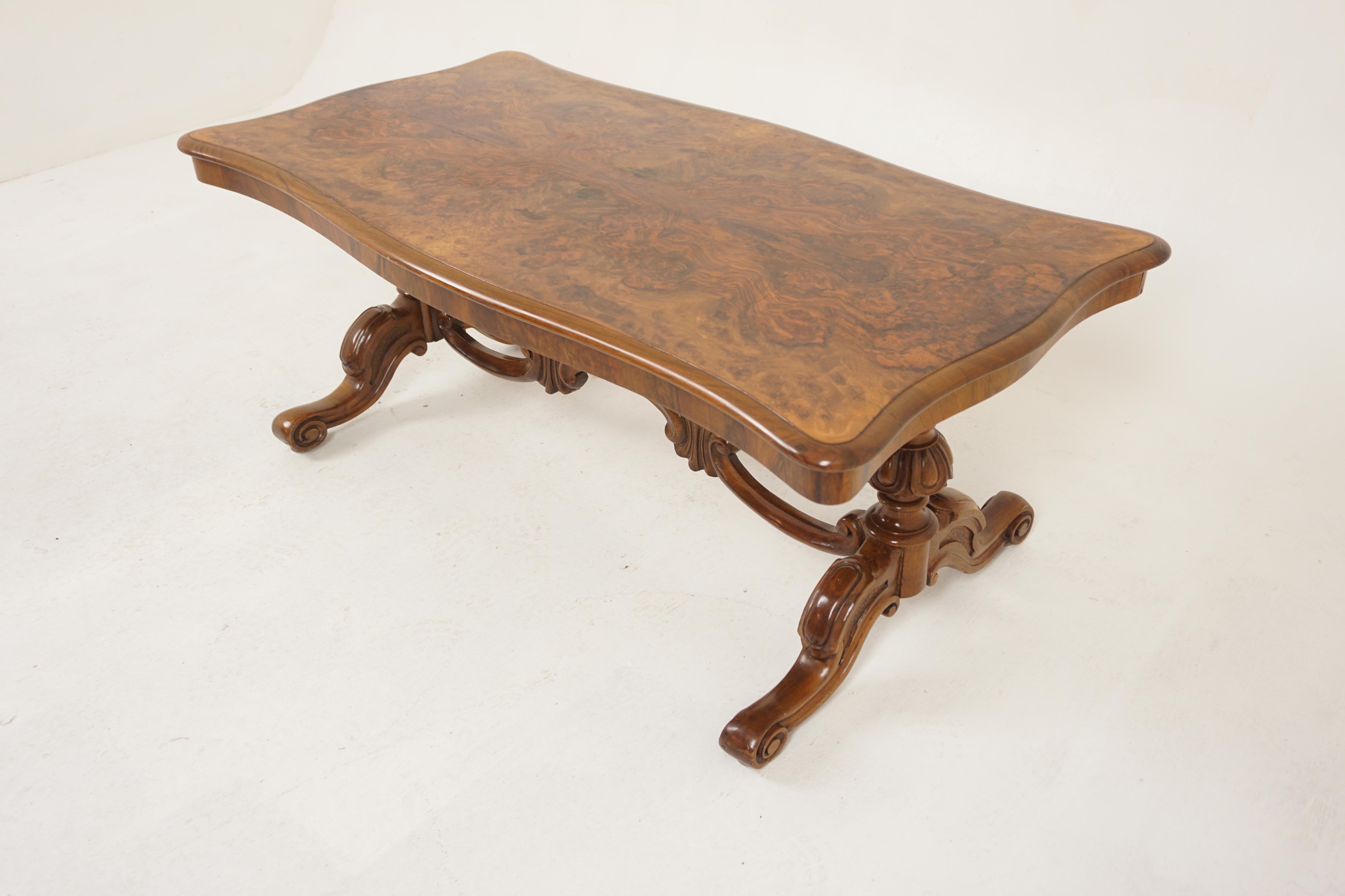 Antique Victorian Burr Walnut Coffee Table, Scotland 1870, H1188

Solid walnut and veneer
Original finish
Rectangular top with shaped sides and ends
Book matched burr walnut veneers
Stretcher form base with well carved cross stretcher
All raised on