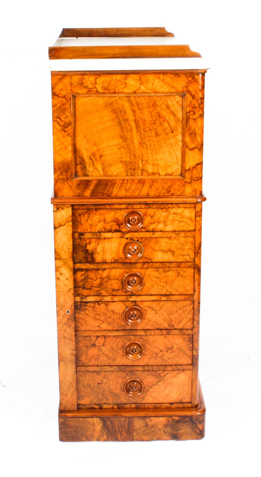 Marble Antique Victorian Burr Walnut Collectors Cabinet, 19th Century