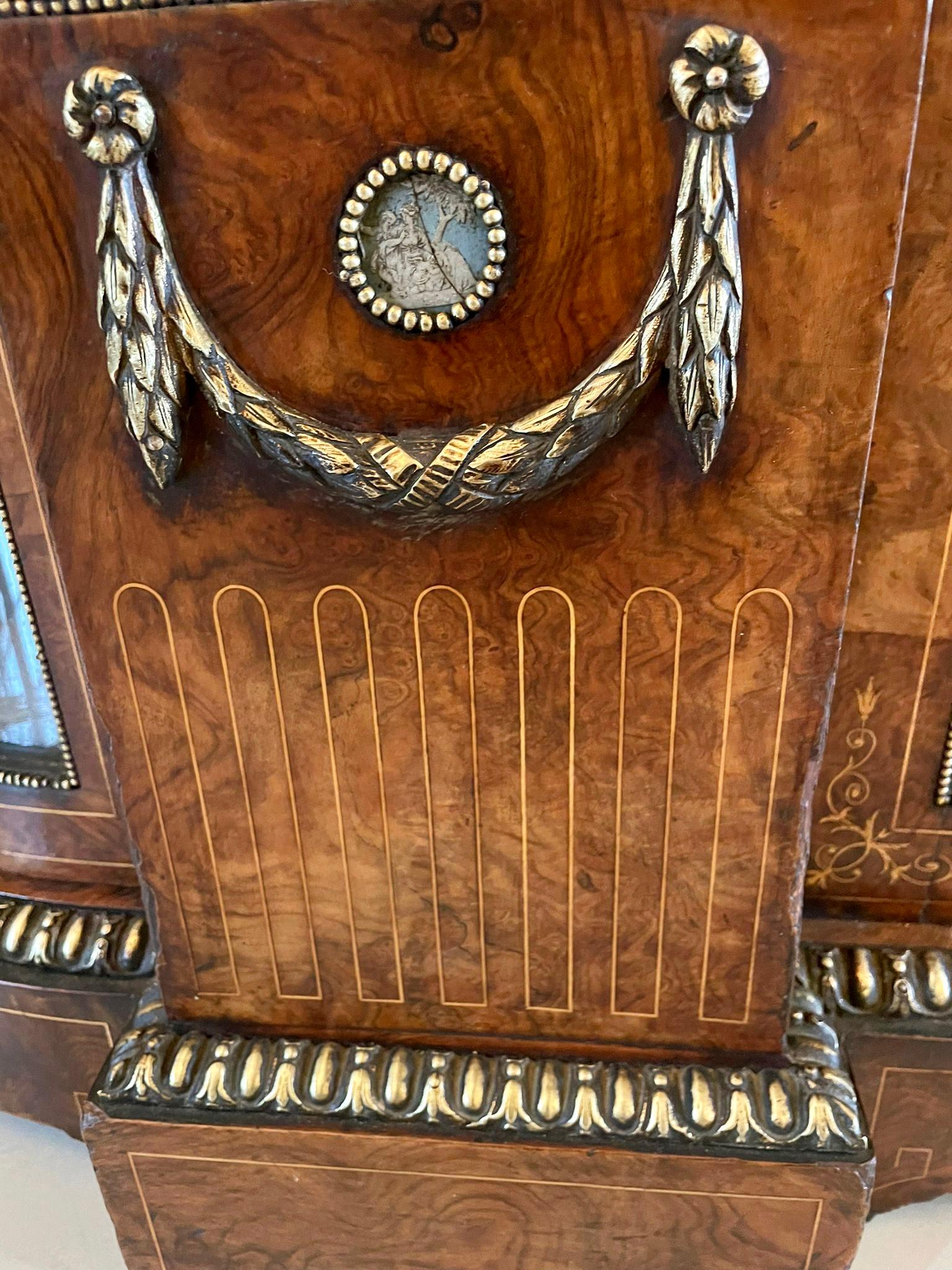 Antique Victorian Burr Walnut Credenza Set with Large Wedgwood Cameo Plaques 8