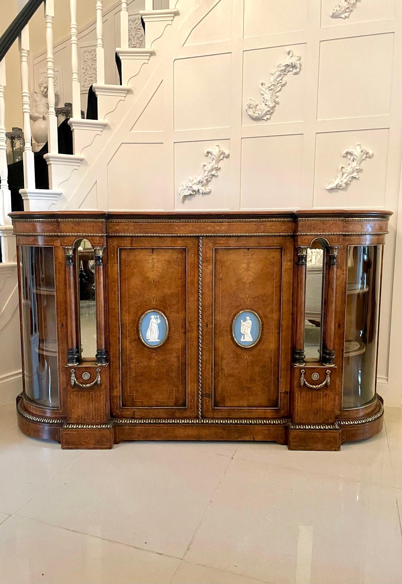 Glass Antique Victorian Burr Walnut Credenza Set with Large Wedgwood Cameo Plaques