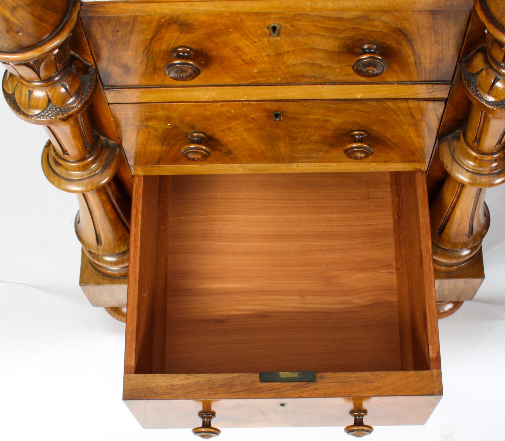 Ancien bureau victorien en ronce de noyer à piédestal Dickens 19ème siècle en vente 7
