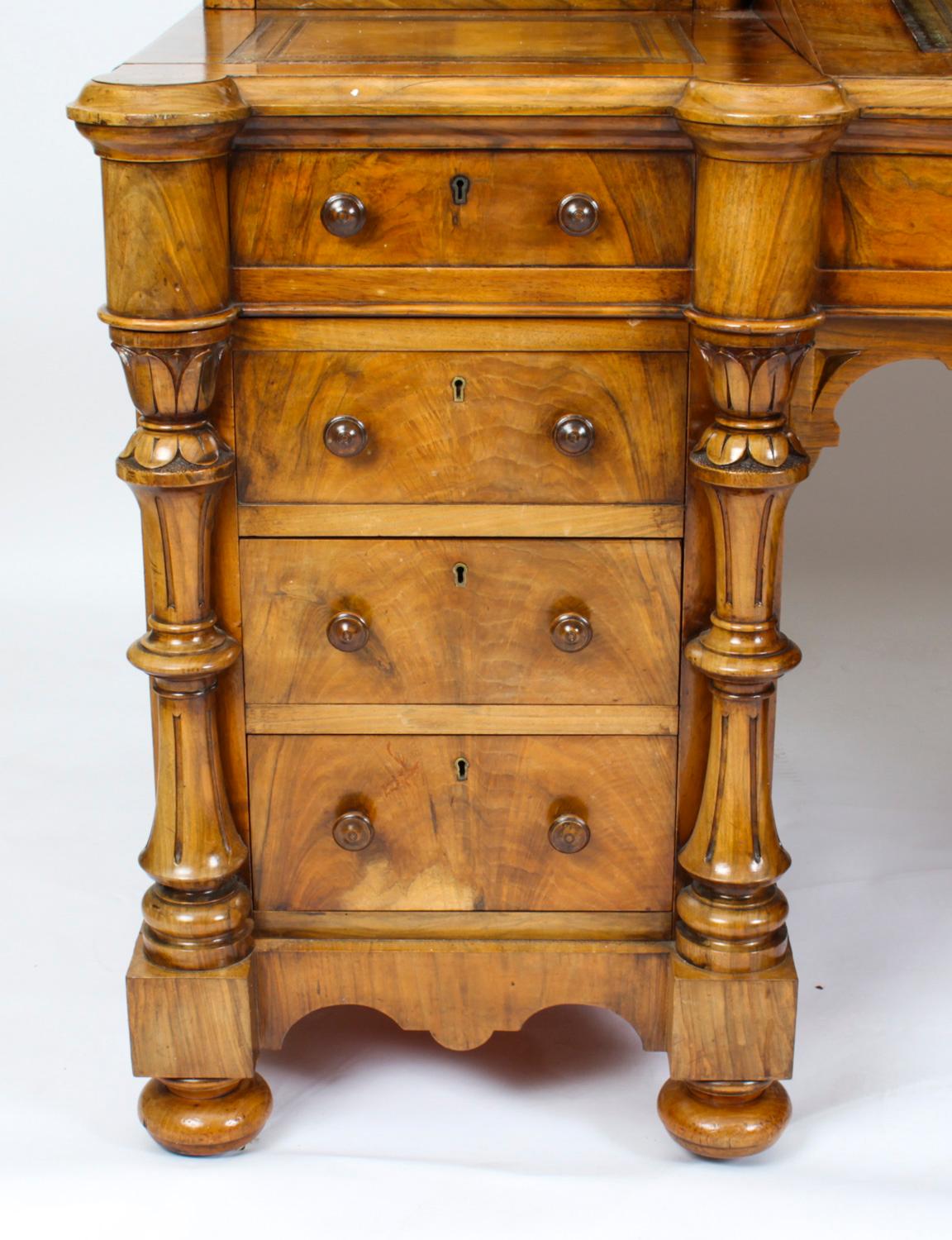 Late 19th Century Antique Victorian Burr Walnut Dickens Pedestal Desk 19th Century For Sale