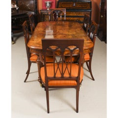 Antique Victorian Burr Walnut Dining Table & 6 Antique Chairs 19th C