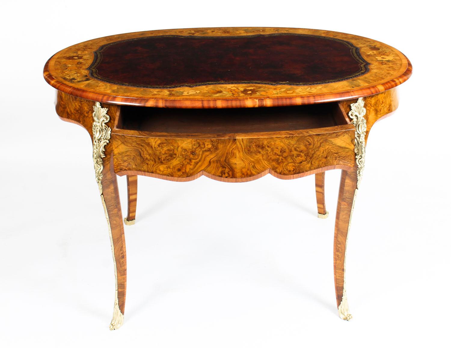 Antique Victorian Burr Walnut & Floral Marquetry Writing Table Desk 19th Century 2