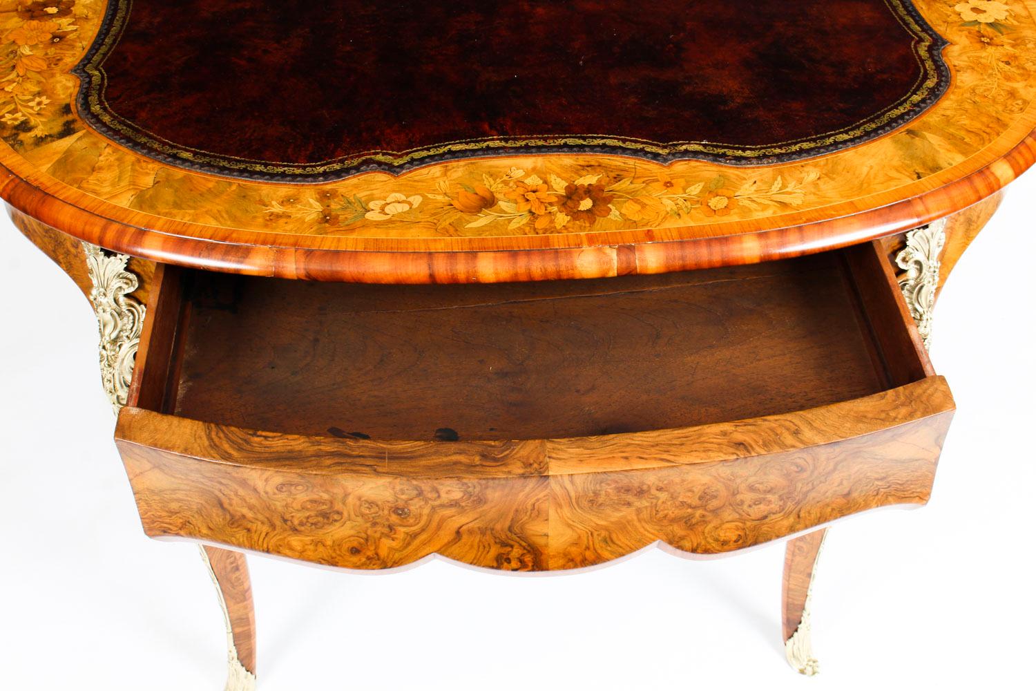 Antique Victorian Burr Walnut & Floral Marquetry Writing Table Desk 19th Century 3