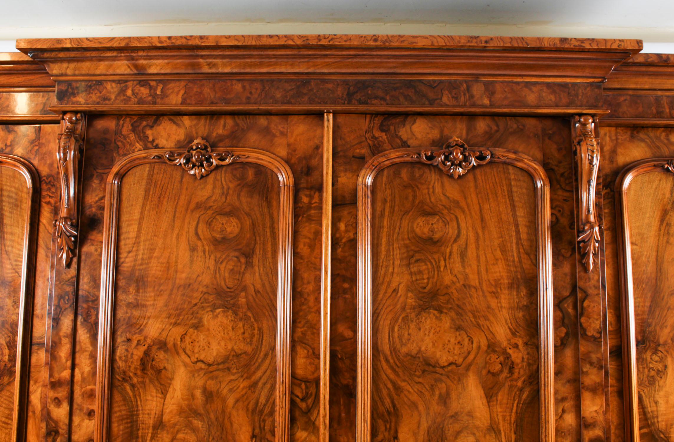Antique Victorian Burr Walnut Four Door Breakfront Wardrobe 19th Century 2