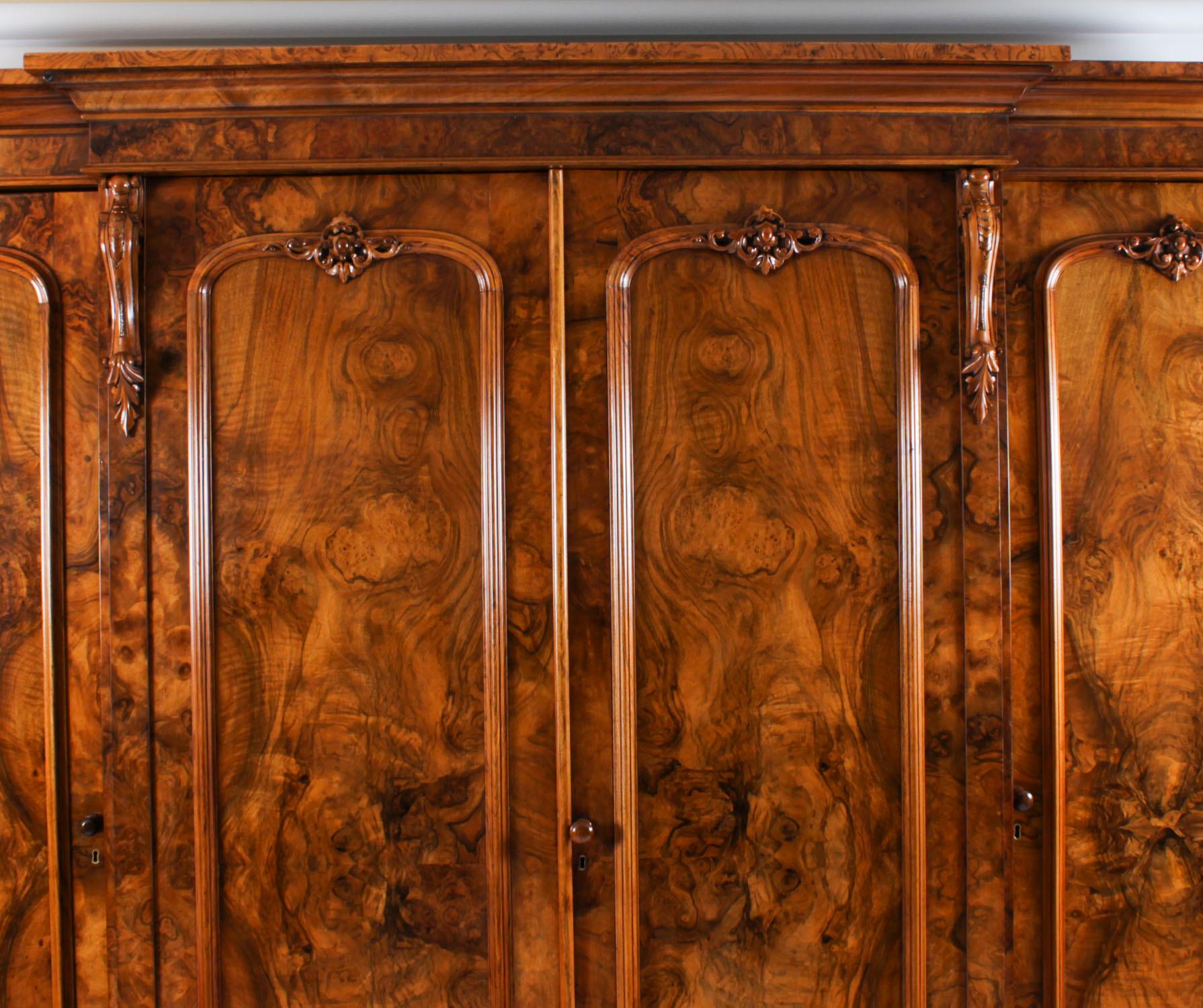 Antique Victorian Burr Walnut Four Door Breakfront Wardrobe 19th Century 3
