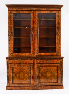 Antique Victorian Burr Walnut & Inlaid Bookcase Display Cabinet 19th Century