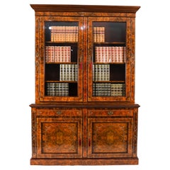 Antique Victorian Burr Walnut & Inlaid Bookcase Display Cabinet 19th Century