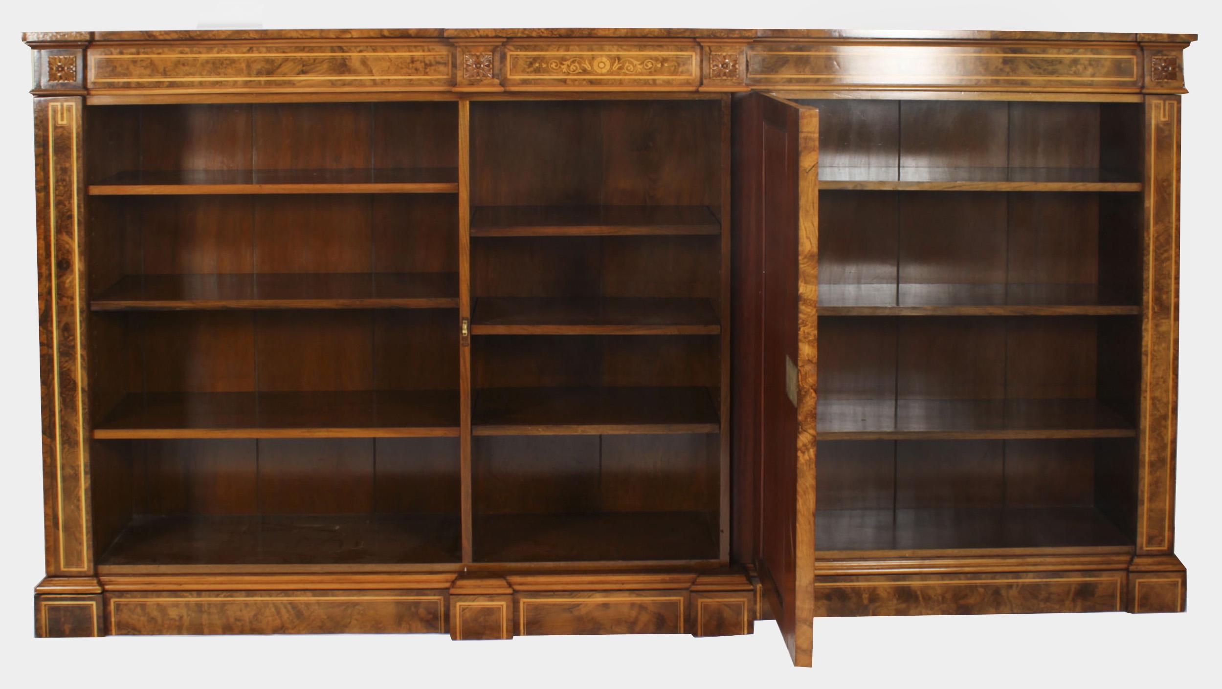 Antique Victorian Burr Walnut & Inlaid Breakfront Open Bookcase 19th C For Sale 4