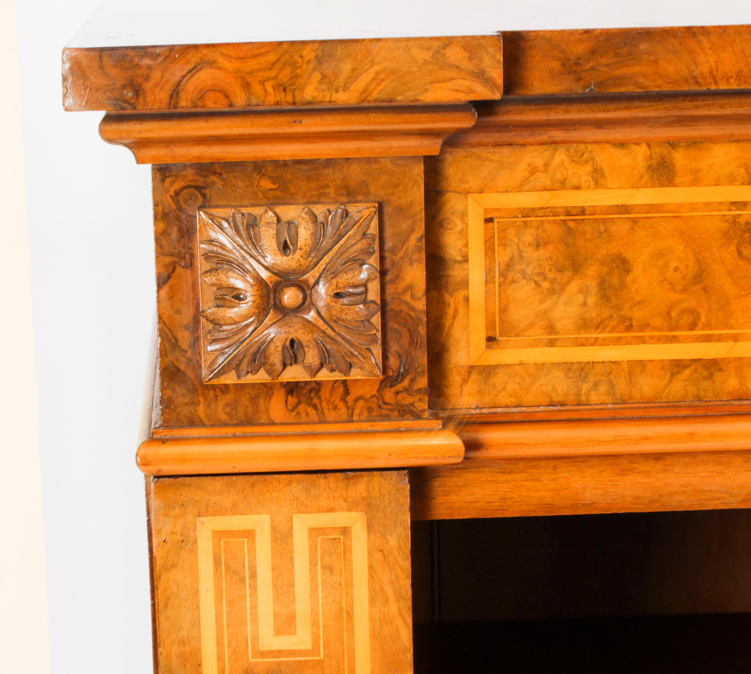 Antique Victorian Burr Walnut & Inlaid Breakfront Open Bookcase 19th C 5