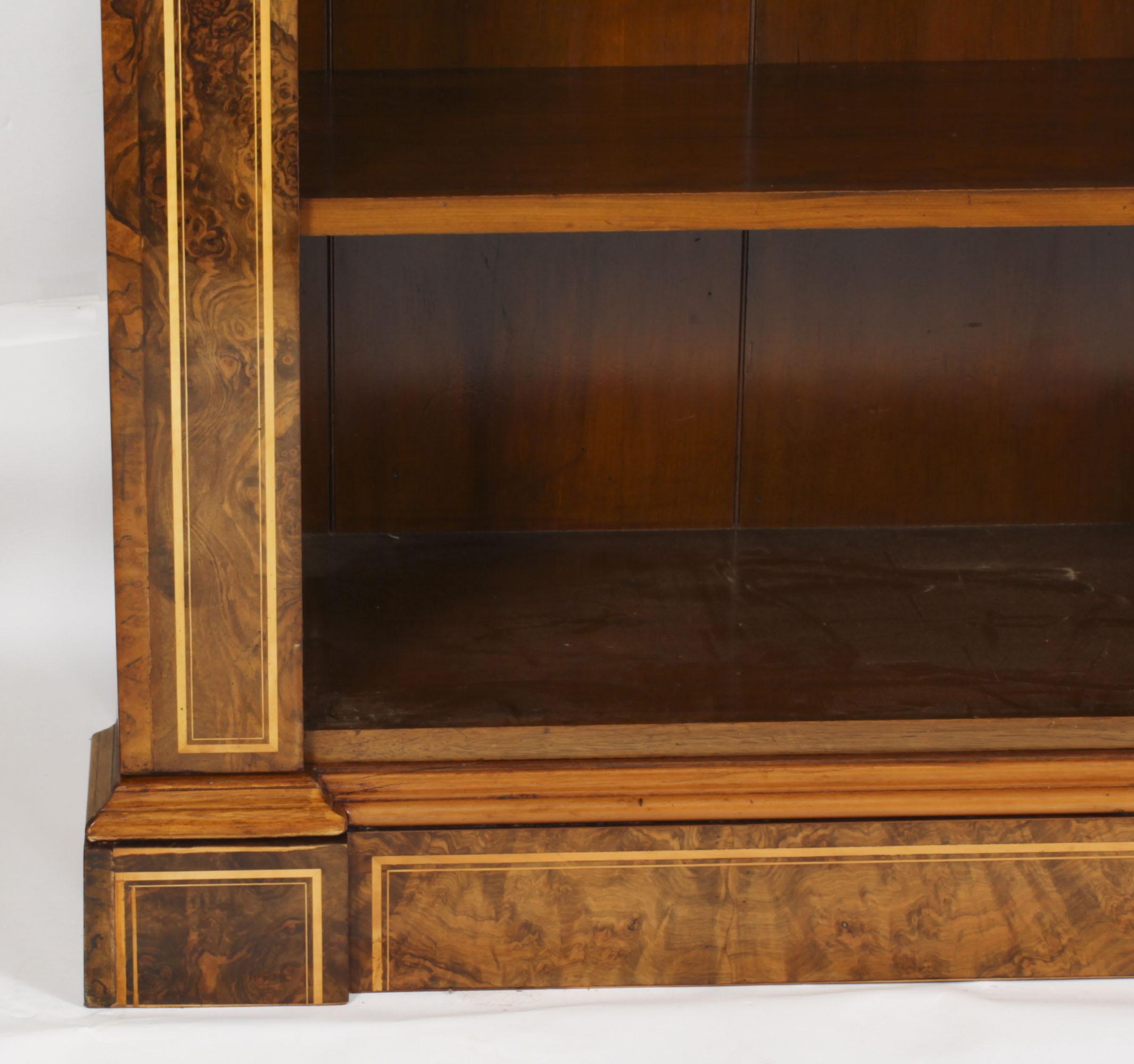 Antique Victorian Burr Walnut & Inlaid Breakfront Open Bookcase 19th C For Sale 5